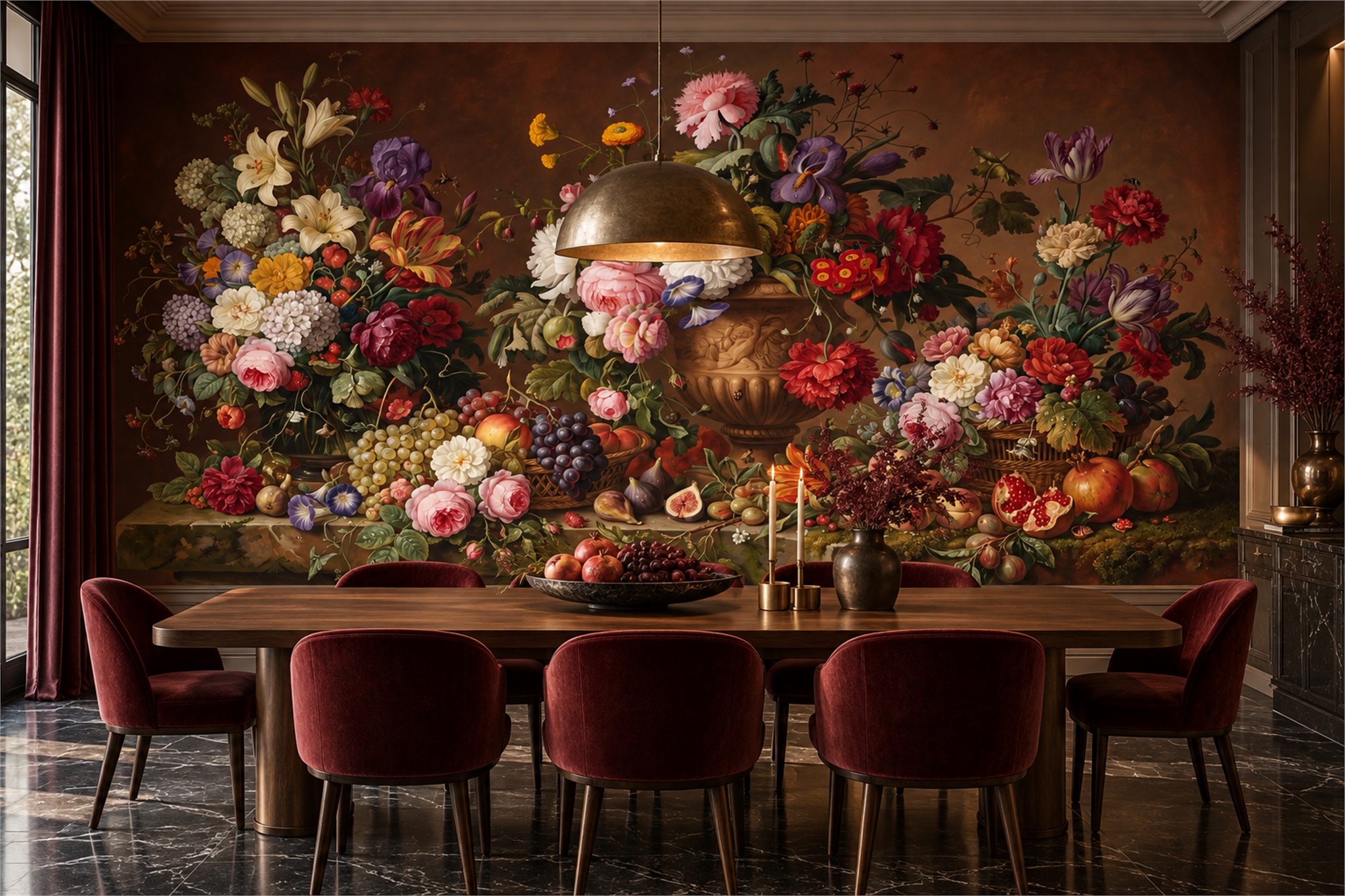 Brown Bouquet Botanical Wallpaper Mural Dining-room-wallpaper-murals, Shown In A Dining Room, Peel-and-stick Finish