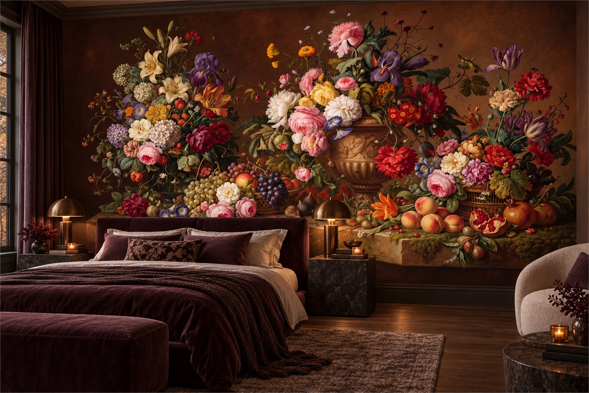 Brown Bouquet Botanical Wallpaper Mural Accent-wall-wallpaper-murals, Peel-and-stick Finish