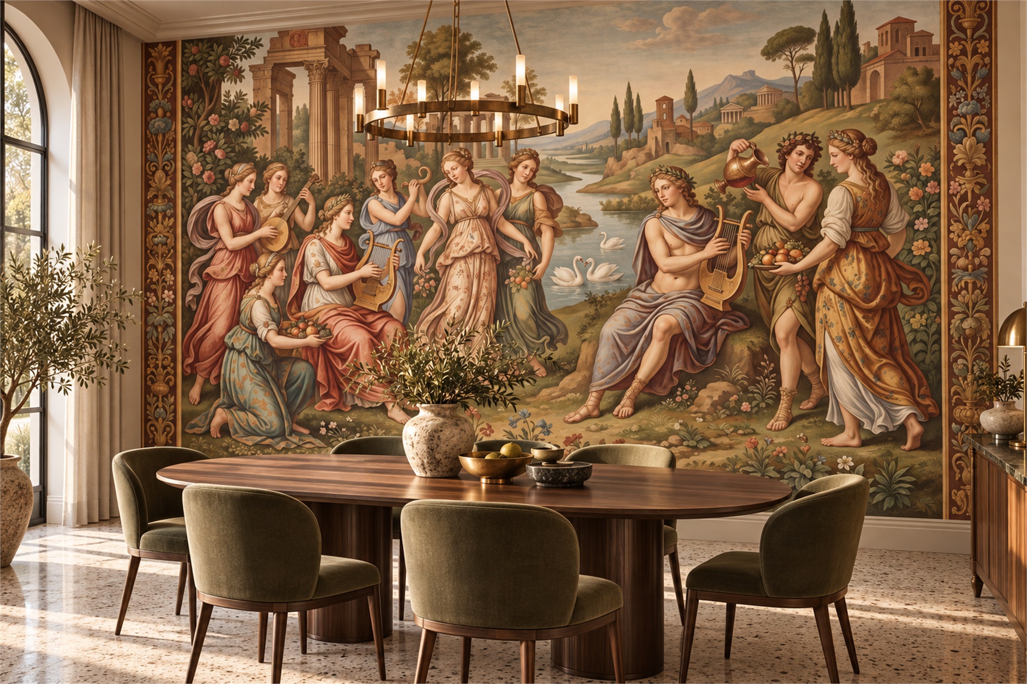 Gold Pattern Decorative Wallpaper Mural Layered Dining-room-wallpaper-murals, Shown In A Dining Room, Peel-and-stick Finish