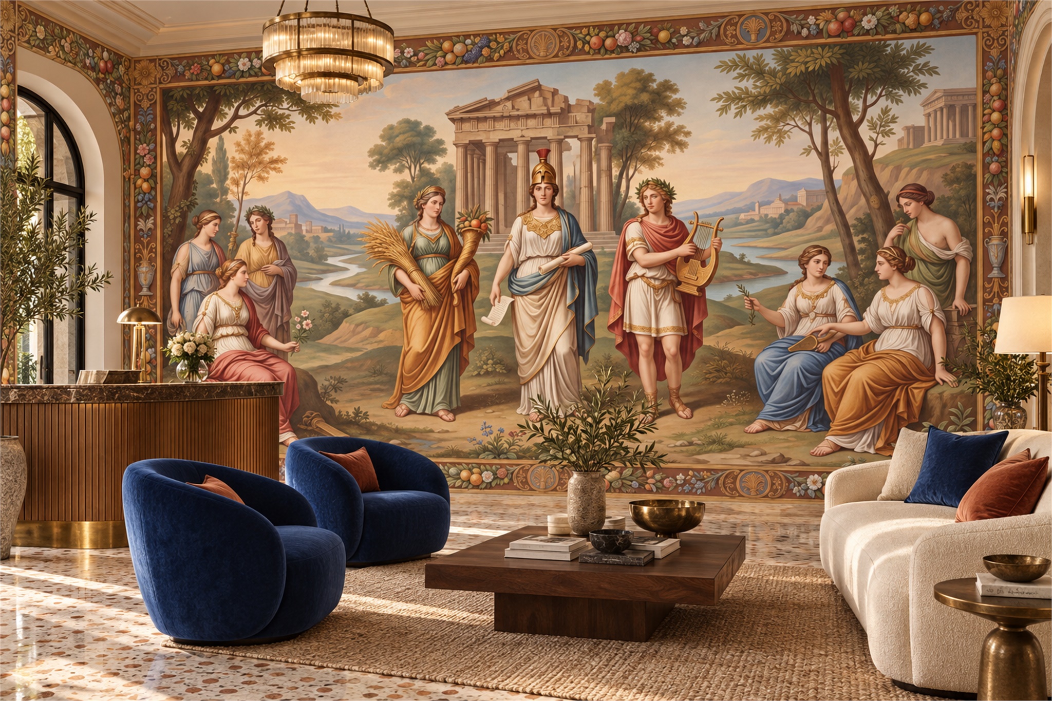 Classical Figures And Temple Landscape Wallpaper Mural — Wallpaper Mural Design, Peel-and-stick Finish