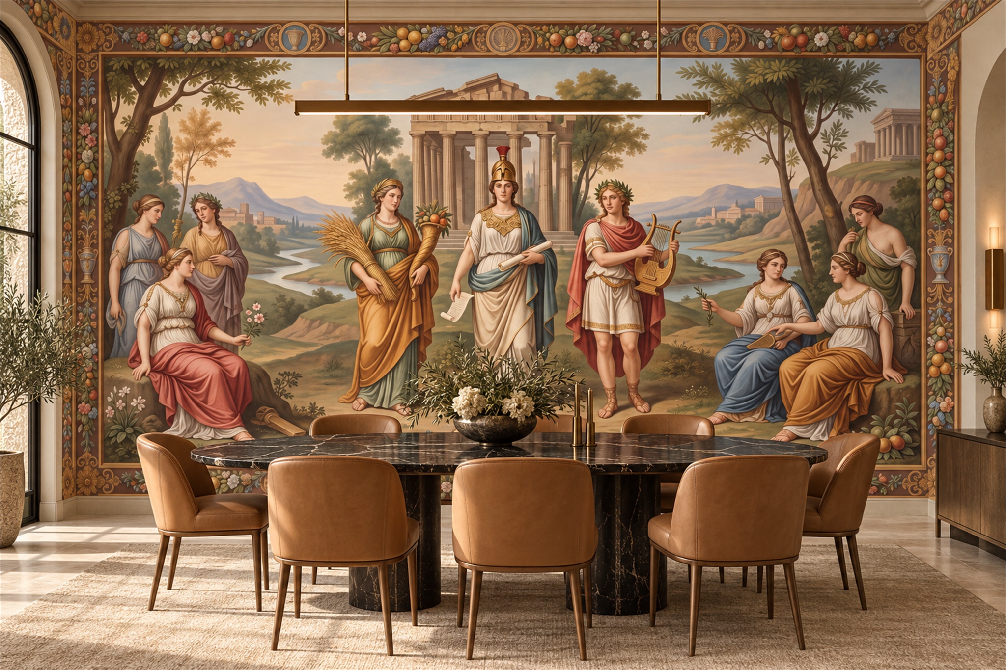 Gold Pattern Decorative Wallpaper Mural Layered Abstract Wallpaper Mural Dining-room-wallpaper-murals, Shown In A Dining Room, Peel-and-stick Finish