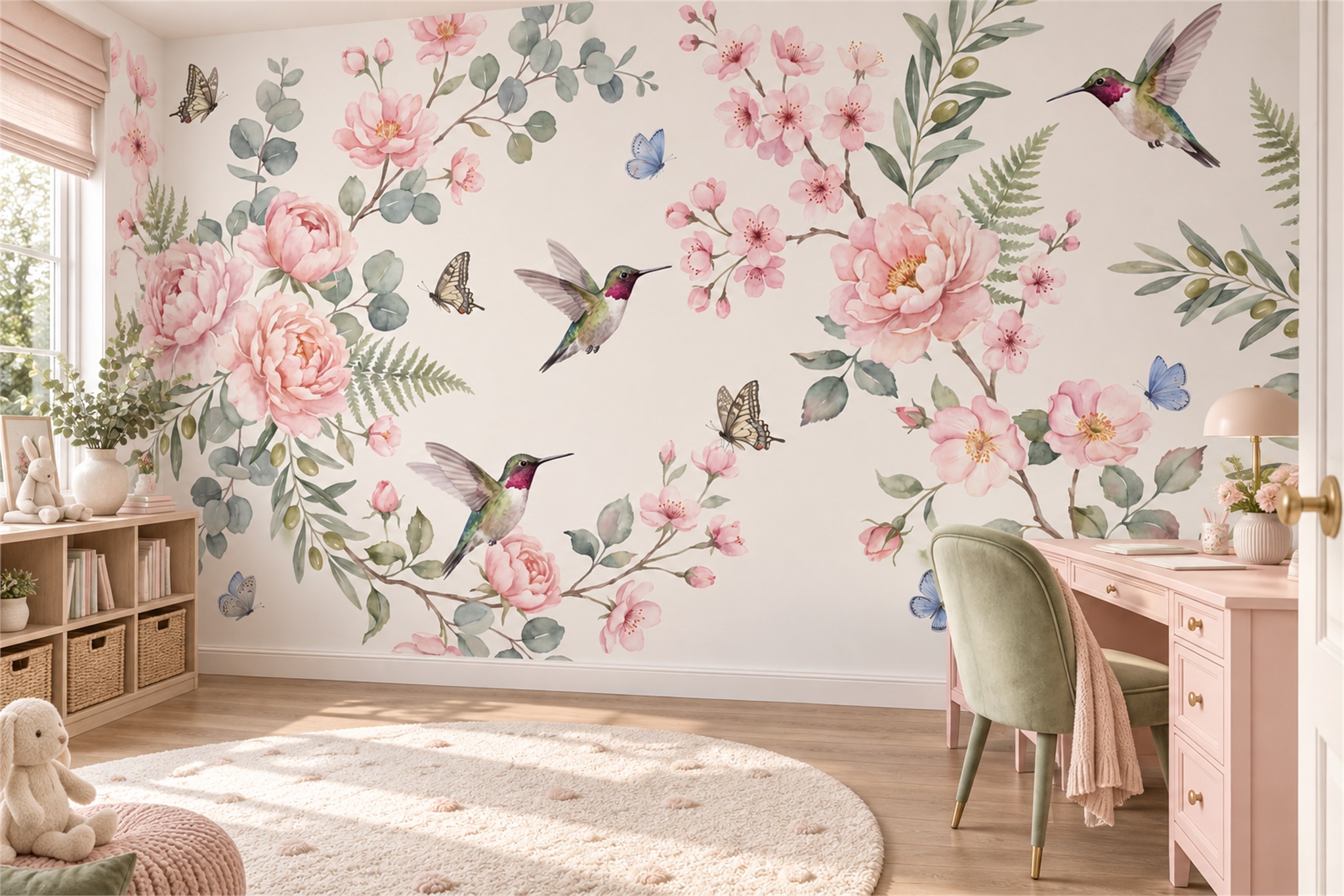 Pink Botanical Botanical Wallpaper Mural Home-office-wallpaper-murals, Shown In A Home Office, Peel-and-stick Finish