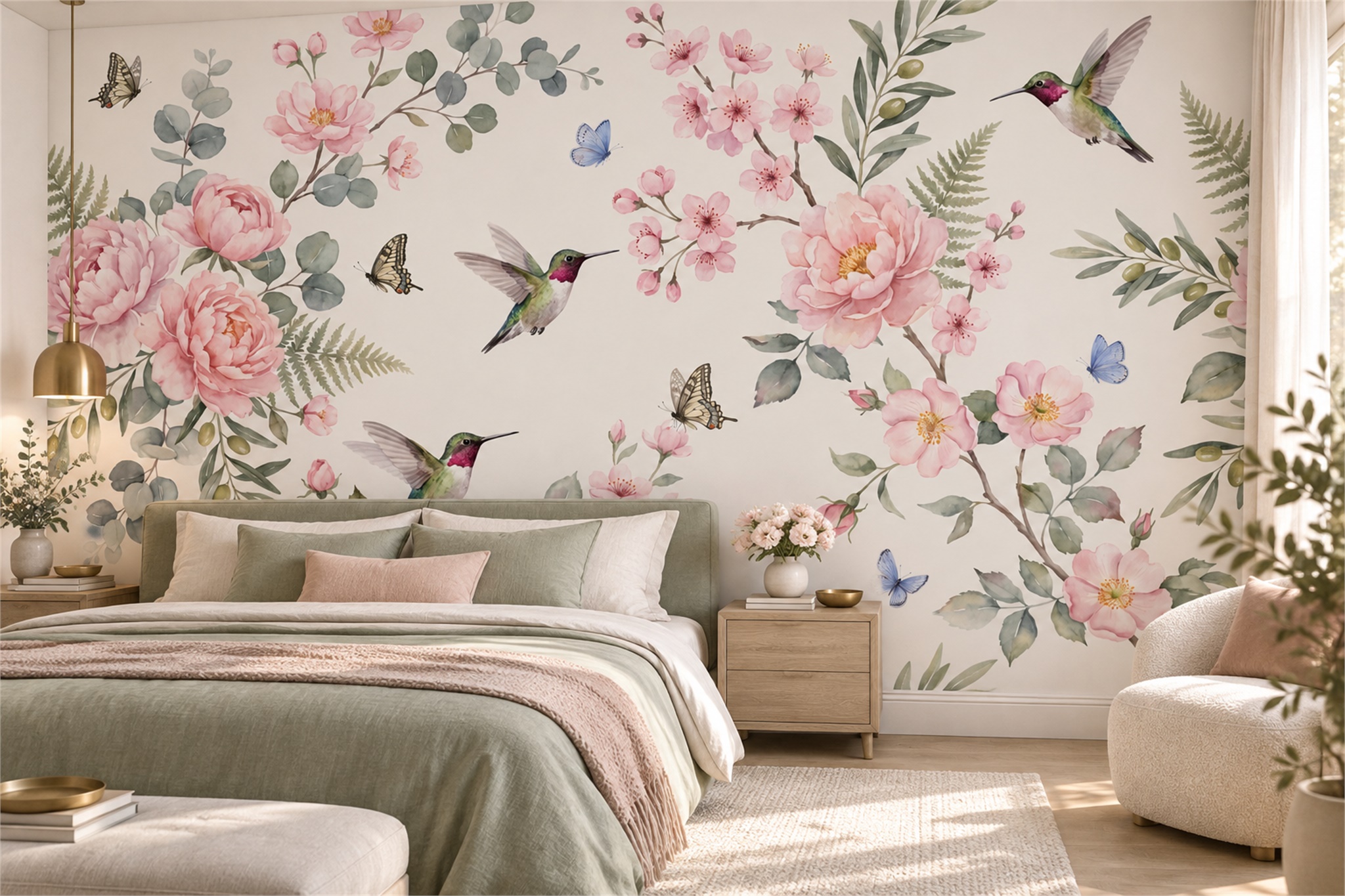 Pink Botanical Botanical Wallpaper Mural Dining-room-wallpaper-murals, Peel-and-stick Finish
