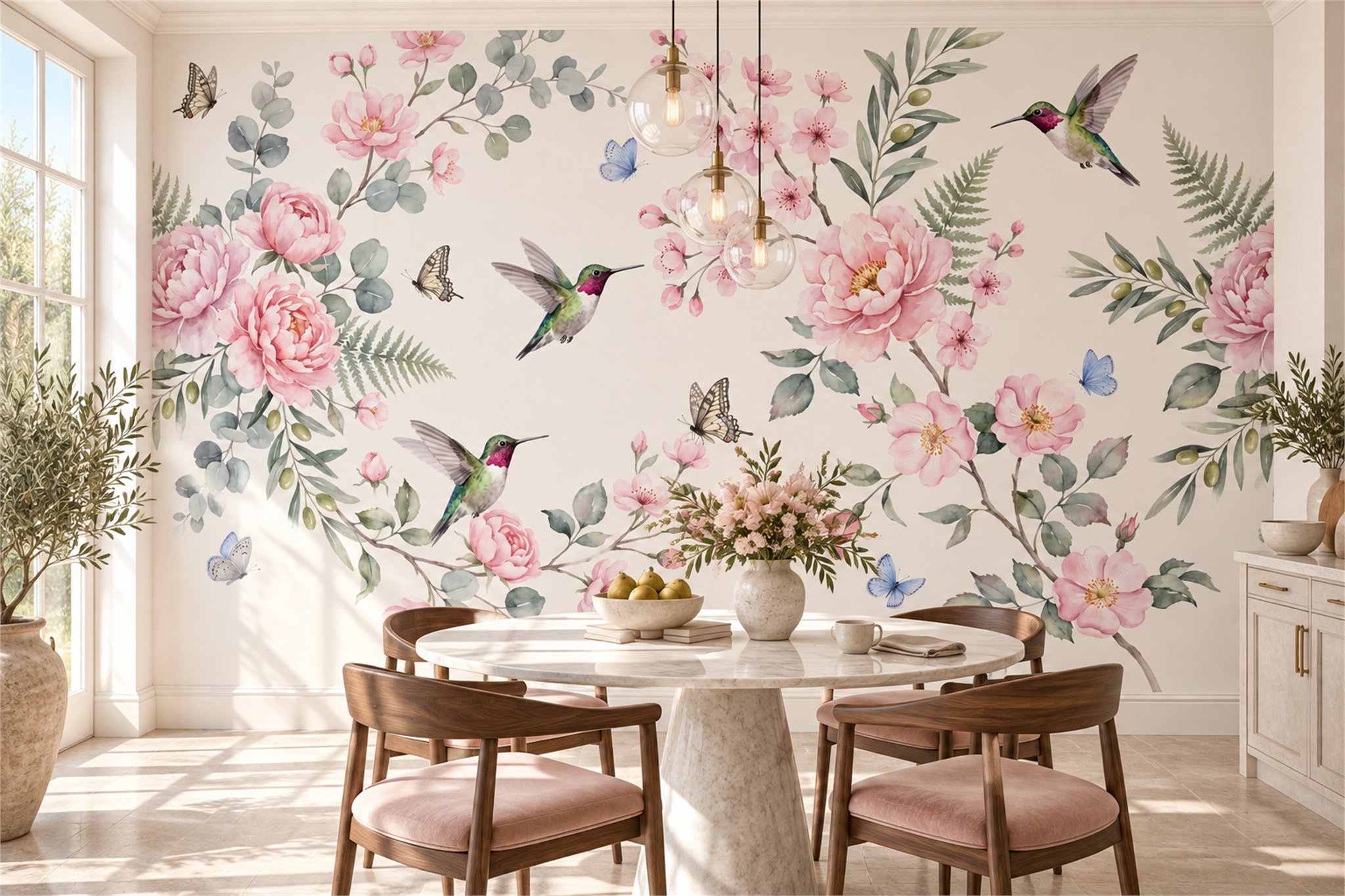 Pink Blossom Hummingbirds And Butterflies Wallpaper Mural — Wallpaper Mural Design, Peel-and-stick Finish