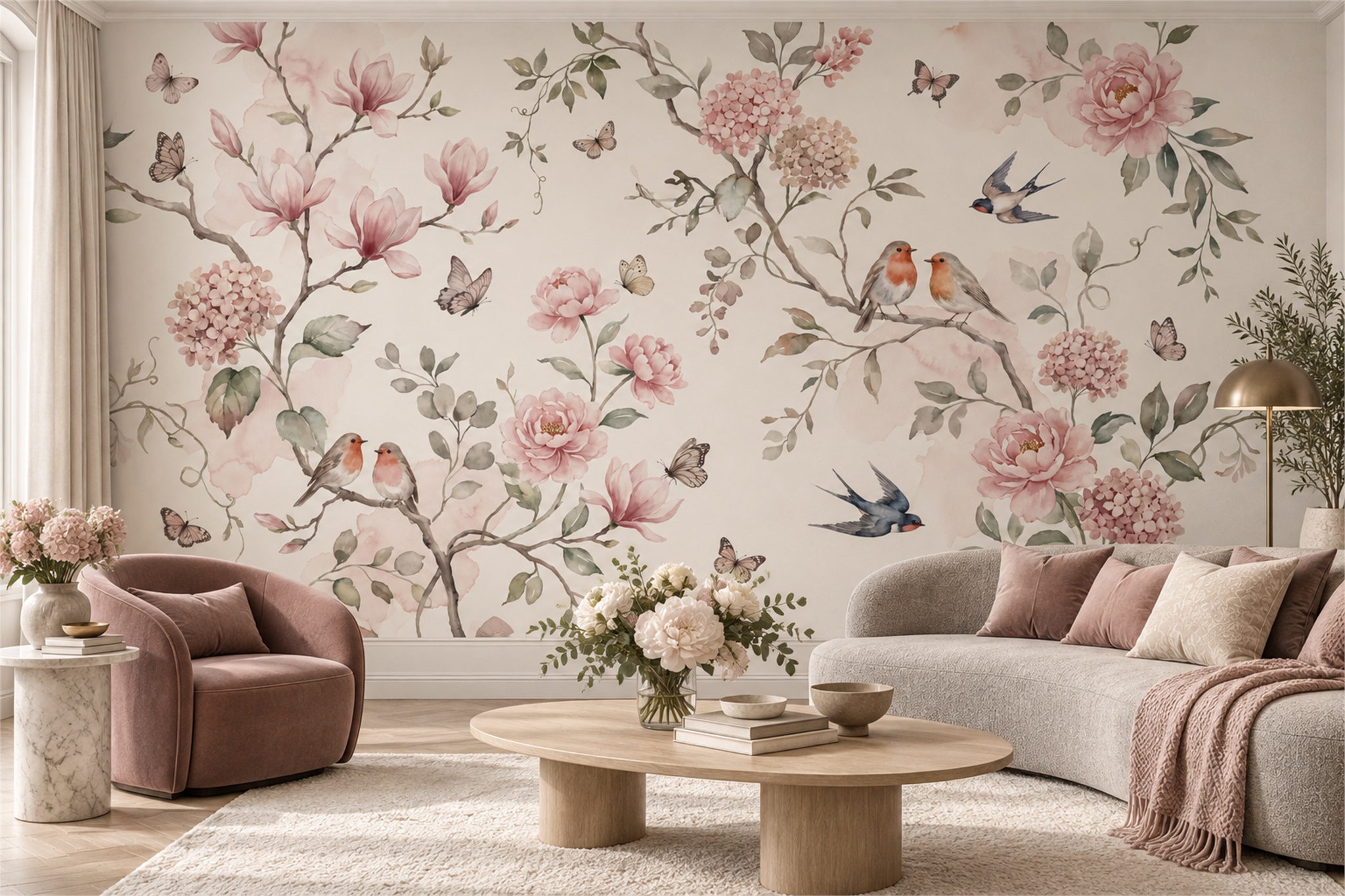 Blush Blossom Botanical Wallpaper Mural, Peel-and-stick Finish