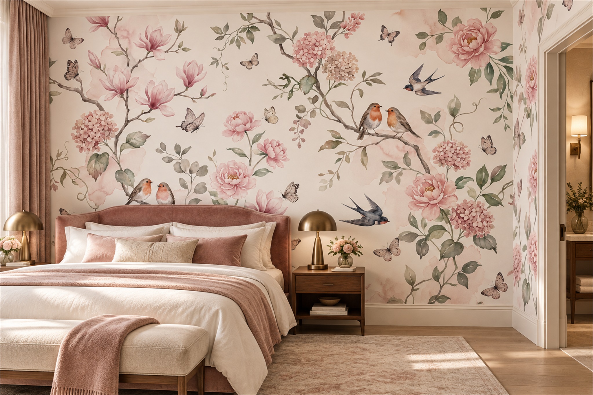 Blush Magnolia, Hydrangea And Garden Birds Wallpaper Mural — Installed Wallpaper Mural In A Bedroom, Peel-and-stick Finish