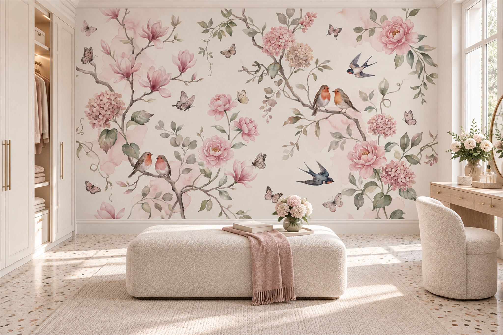 Blush Blossom Botanical Wallpaper Mural Bedroom-wallpaper-murals, Peel-and-stick Finish