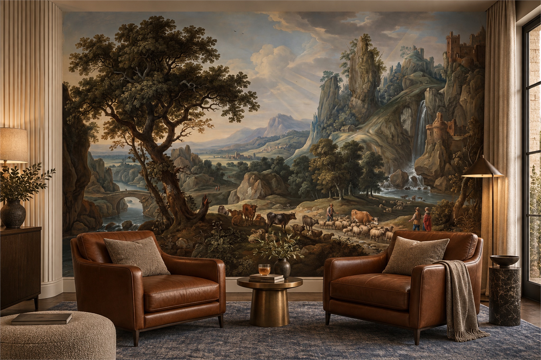 Classical Mountain Waterfall Landscape With Shepherds And Flocks — Wallpaper Mural Design, Peel-and-stick Finish