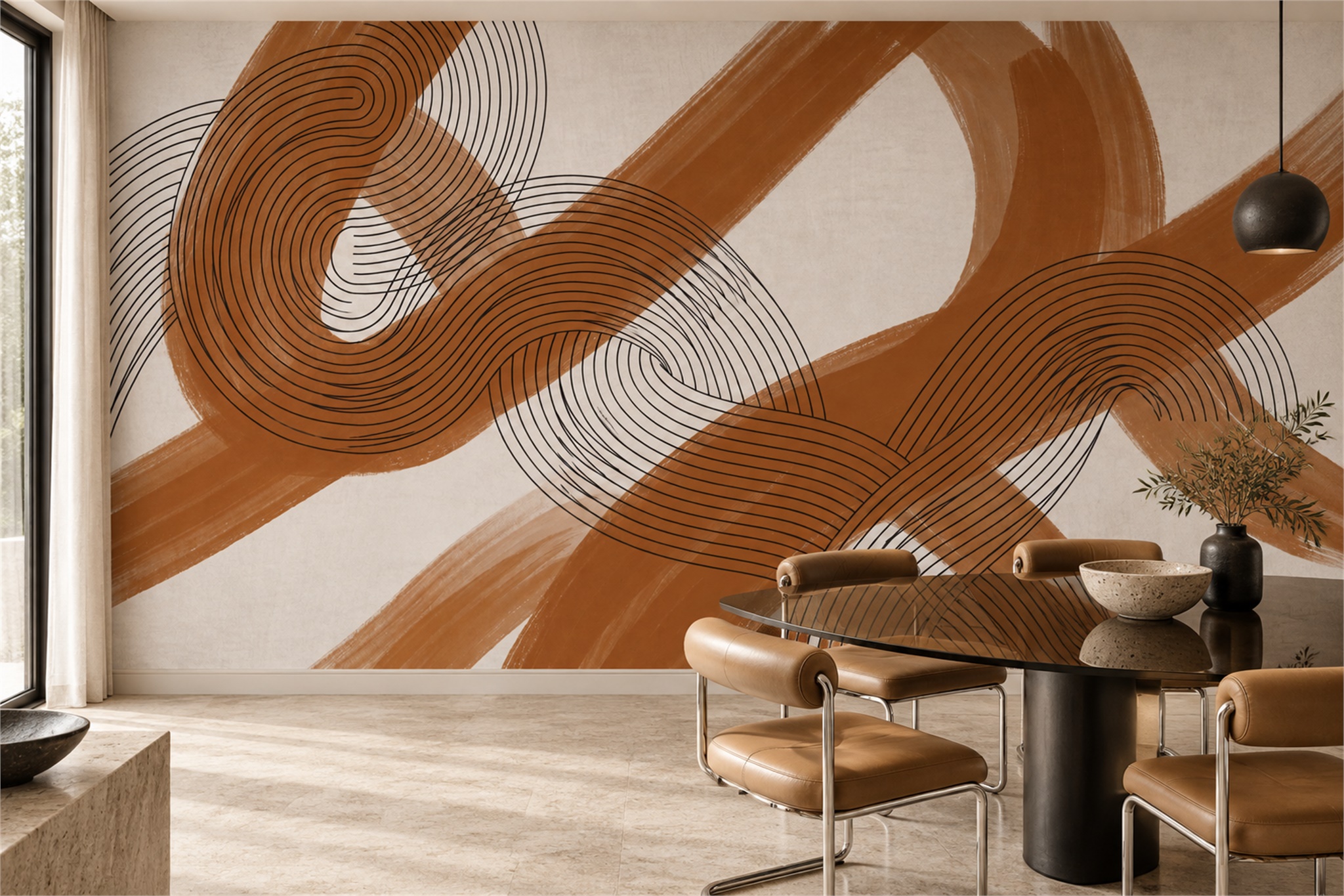 Rust Pattern Decorative Abstract Wallpaper Mural Dining-room-wallpaper-murals, Shown In A Dining Room, Peel-and-stick Finish