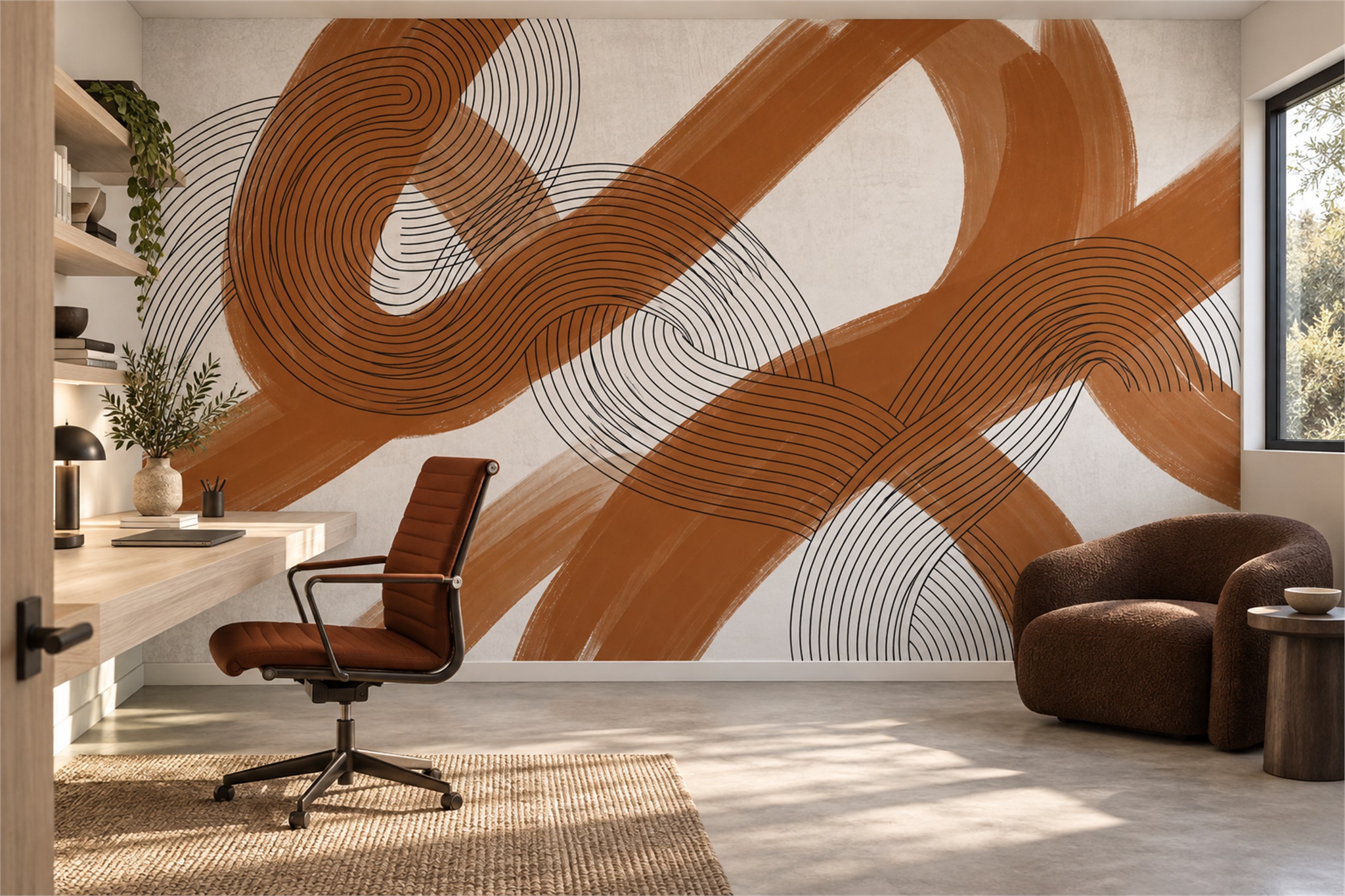 Rust Ribbon Loops Linework Abstract Wallpaper Mural — Wallpaper Mural Design, Peel-and-stick Finish