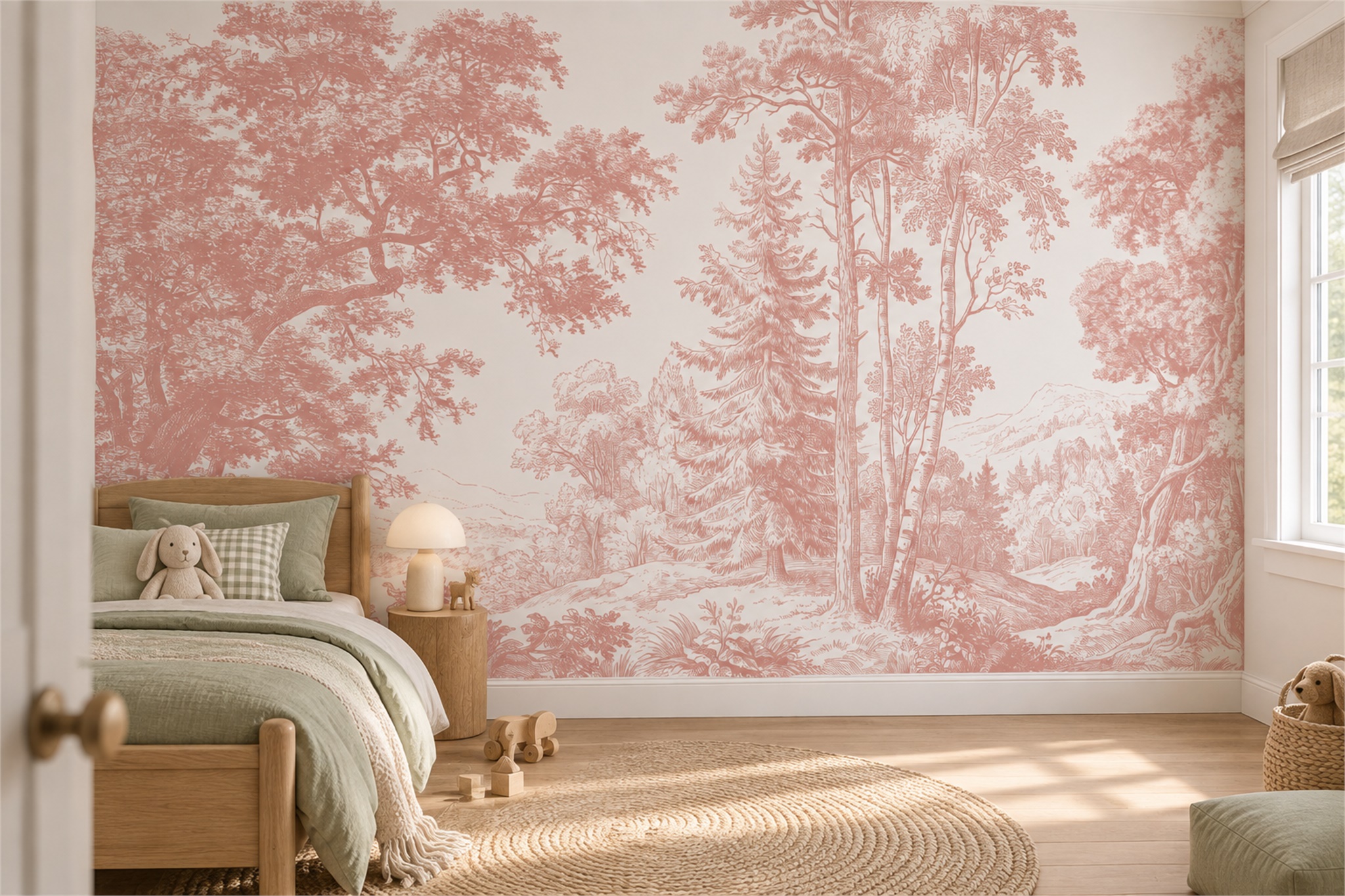Pink Toile Artful Wallpaper Mural Kids-room-wallpaper-murals, Peel-and-stick Finish