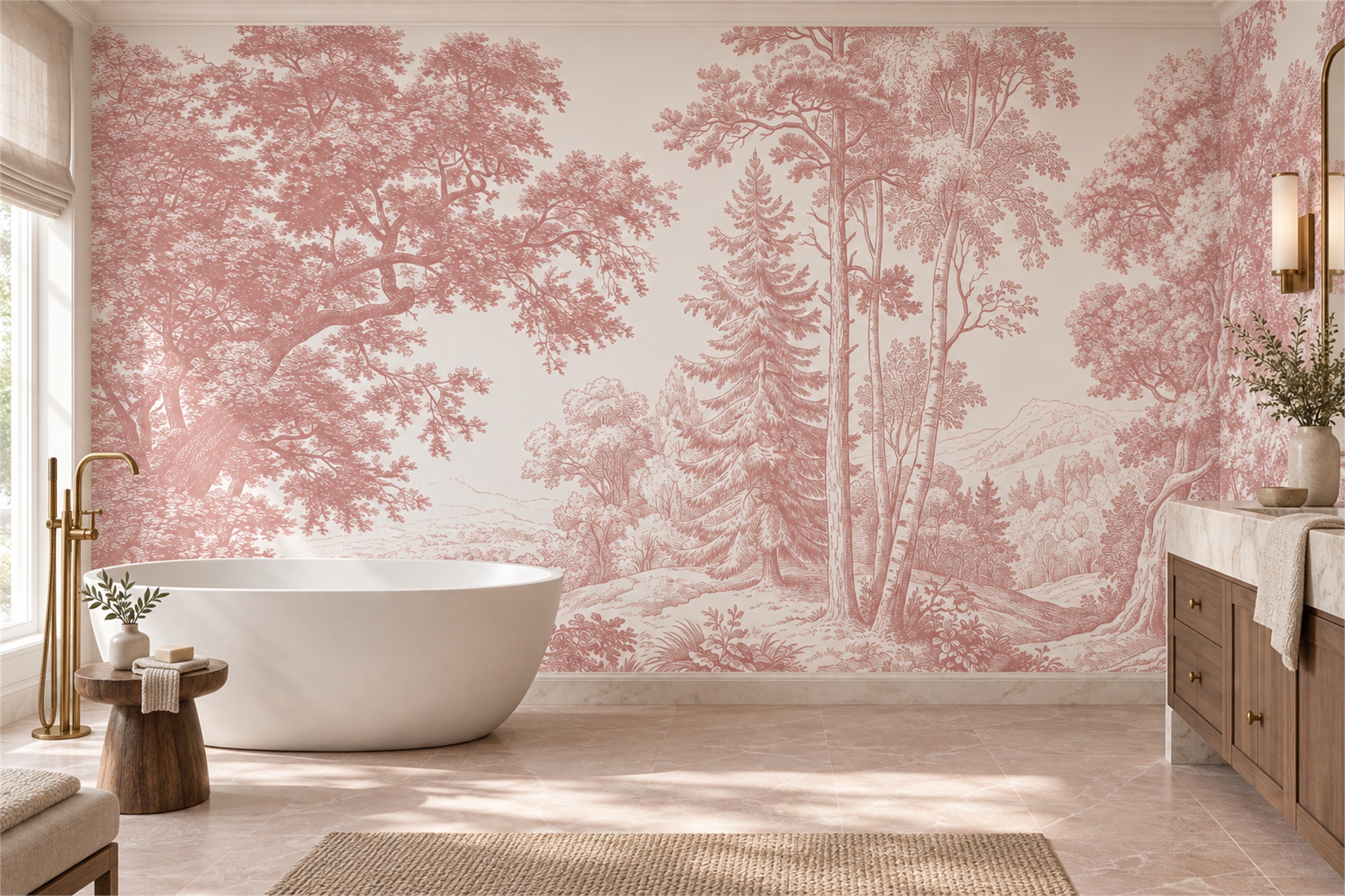 Blush Toile Forest Deer Wallpaper Mural — Wallpaper Mural Design, Peel-and-stick Finish