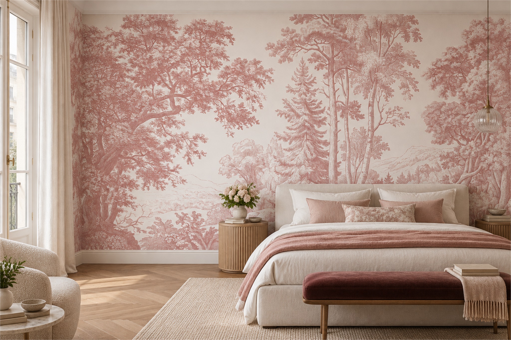 Pink Toile Artful Wallpaper Mural Bedroom-wallpaper-murals, Peel-and-stick Finish