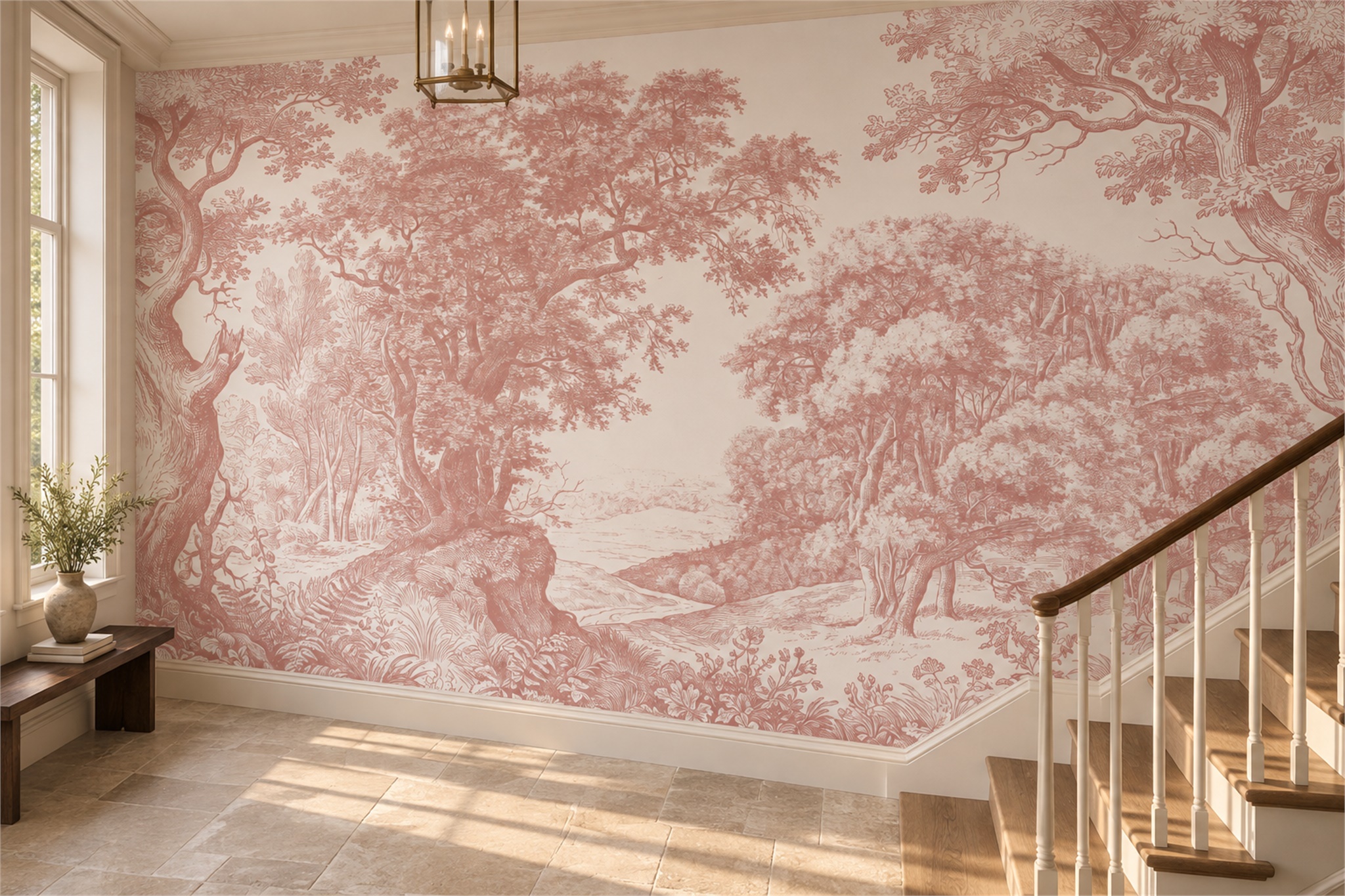 Blush Woodland Scenic Wallpaper Mural Accent-wall-wallpaper-murals, Peel-and-stick Finish
