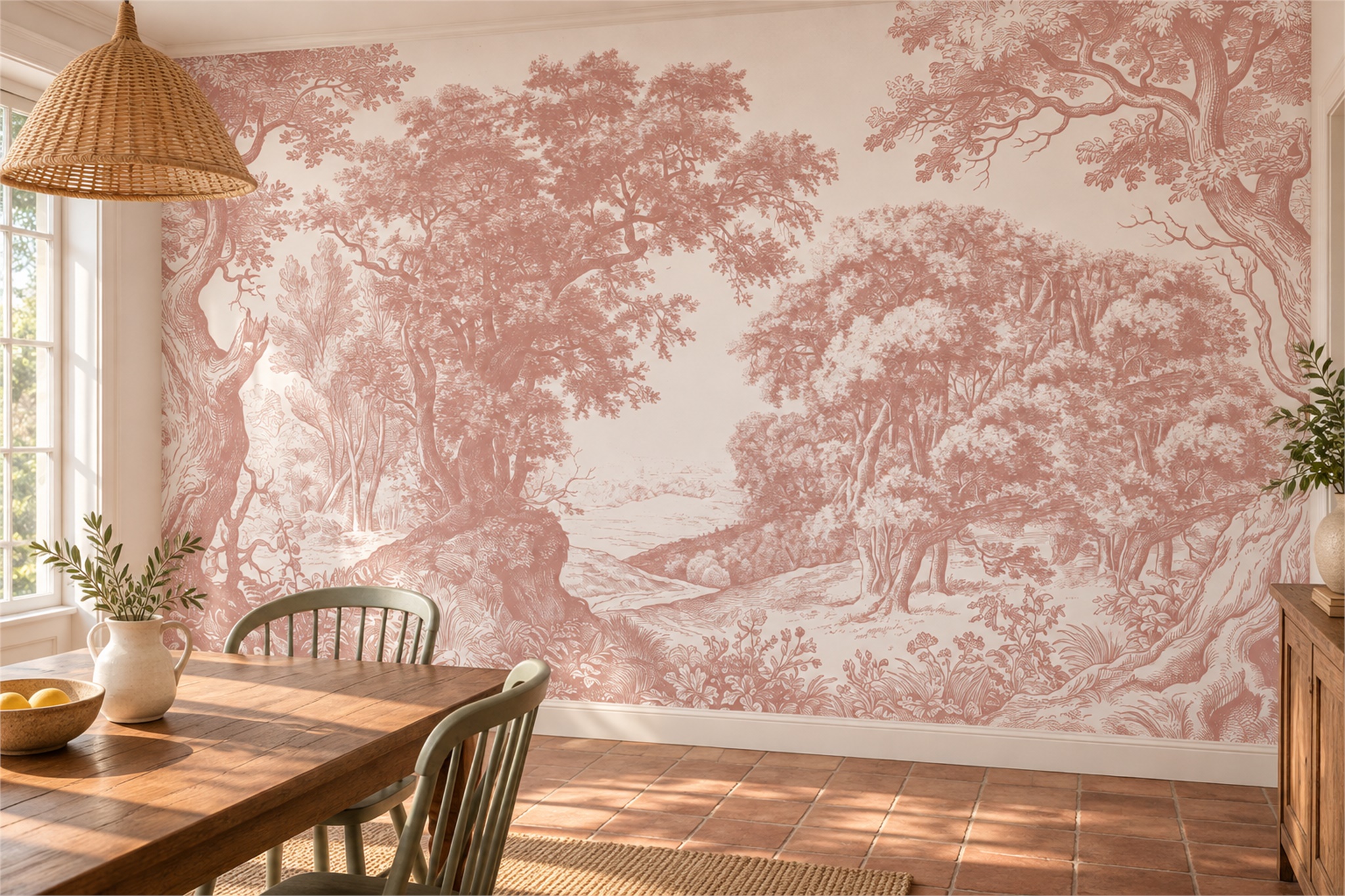 Blush Engraved Woodland River Wallpaper Mural — Wallpaper Mural Design, Peel-and-stick Finish