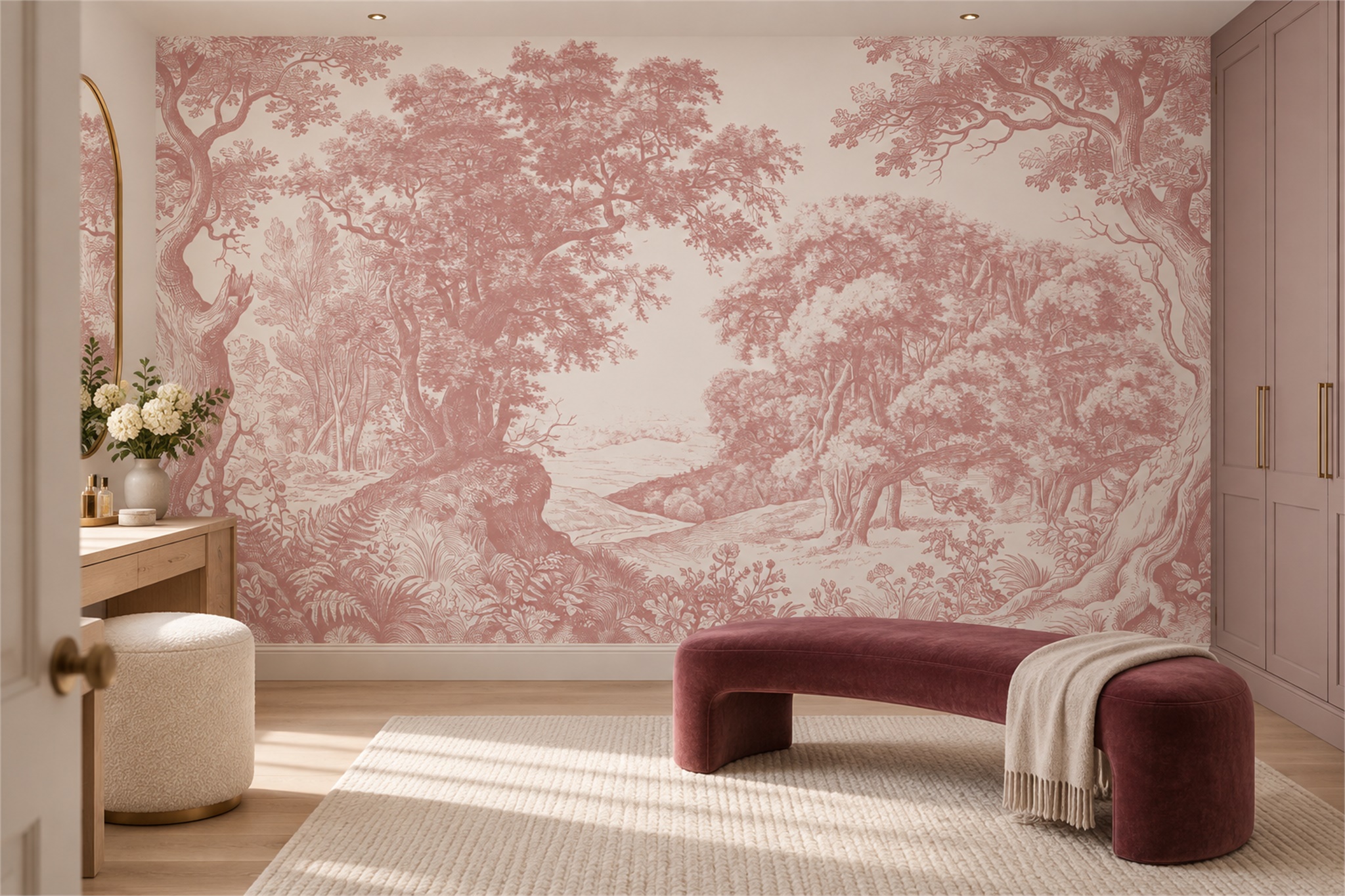 Blush Woodland Scenic Wallpaper Mural Accent-wall-wallpaper-murals, Peel-and-stick Finish