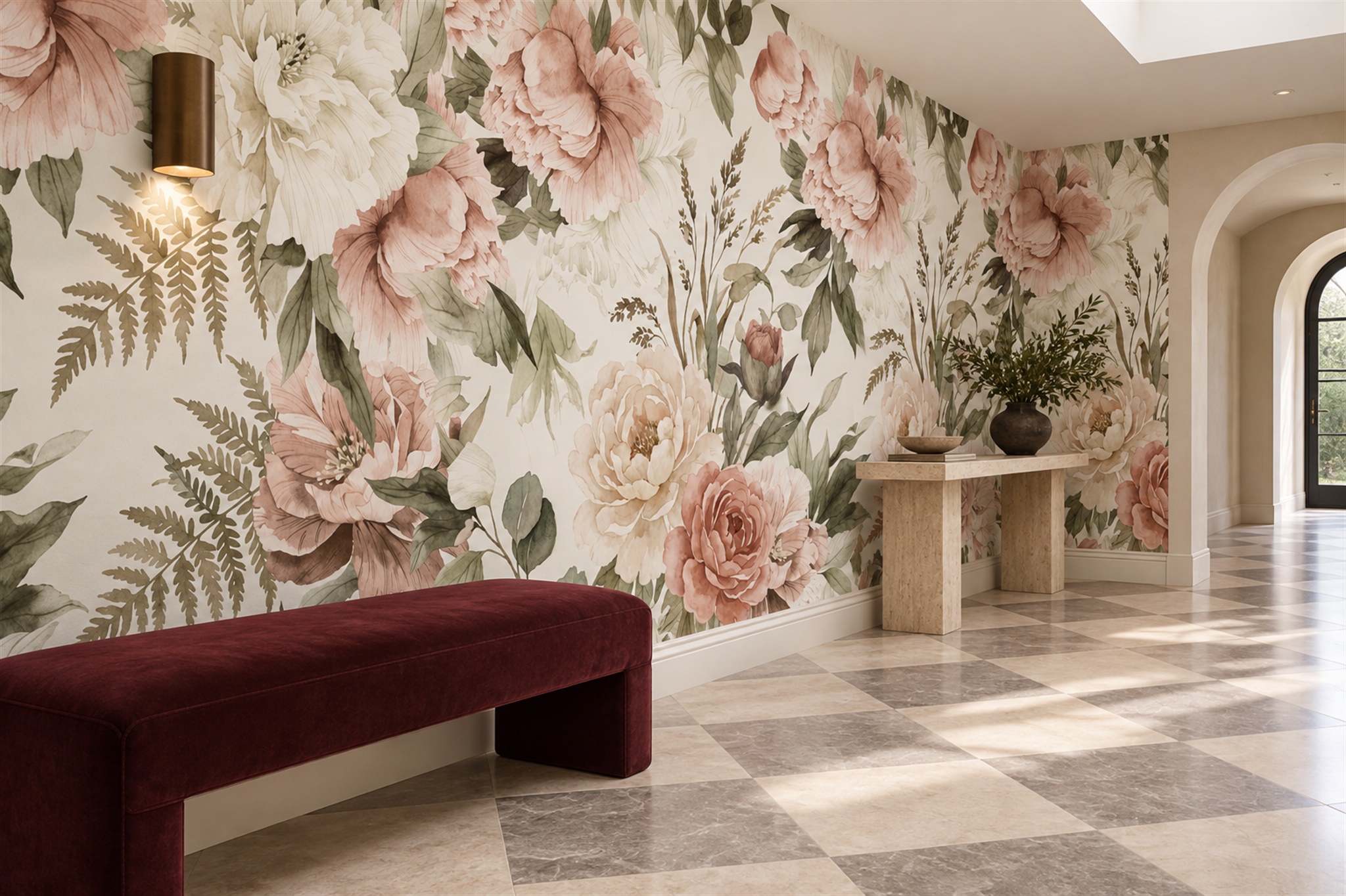 Blush Peony Botanical Wallpaper Mural Entryway-wallpaper-murals, Peel-and-stick Finish