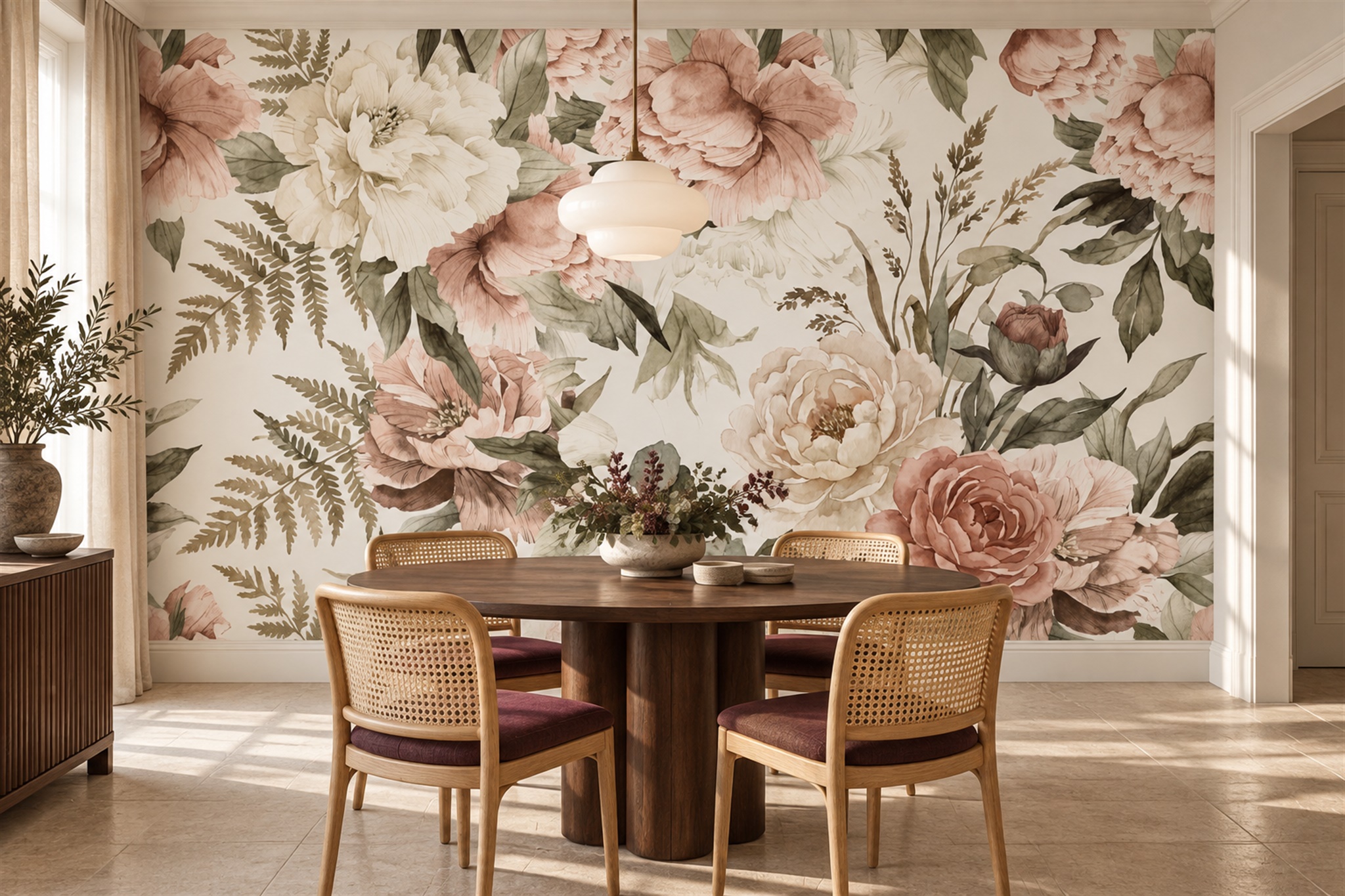 Blush Peony Botanical Wallpaper Mural Dining-room-wallpaper-murals, Peel-and-stick Finish