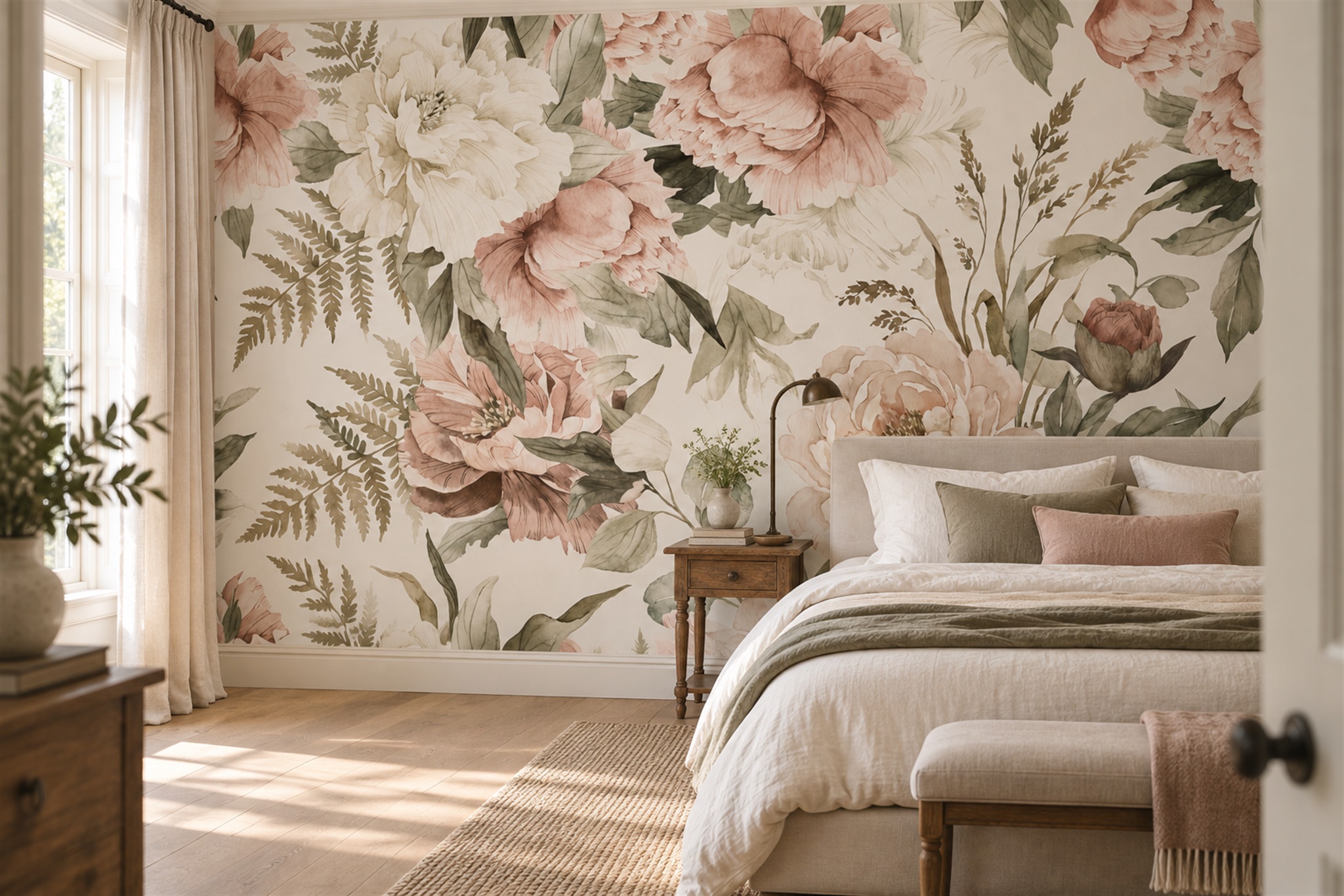 Blush Peony Botanical Wallpaper Mural Bedroom-wallpaper-murals, Peel-and-stick Finish