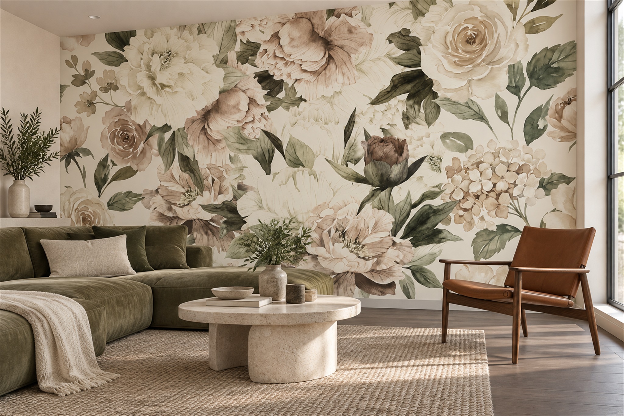 Ivory Rose And Peony Botanical Wallpaper Mural — Wallpaper Mural Design, Peel-and-stick Finish