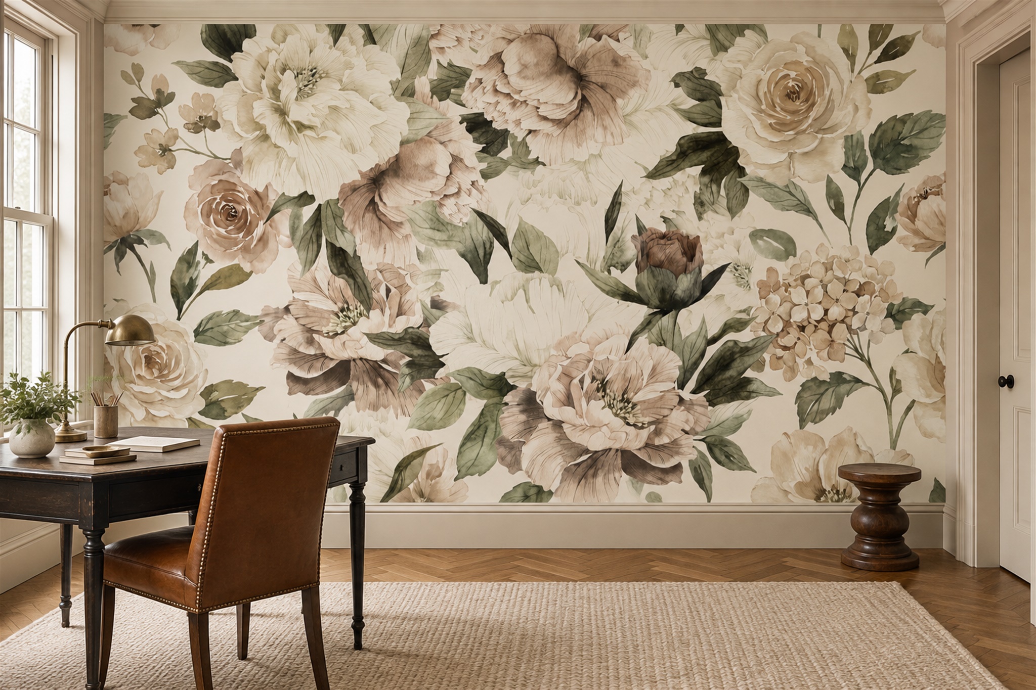 Ivory Rose Botanical Wallpaper Mural Home-office-wallpaper-murals, Shown In A Home Office, Peel-and-stick Finish