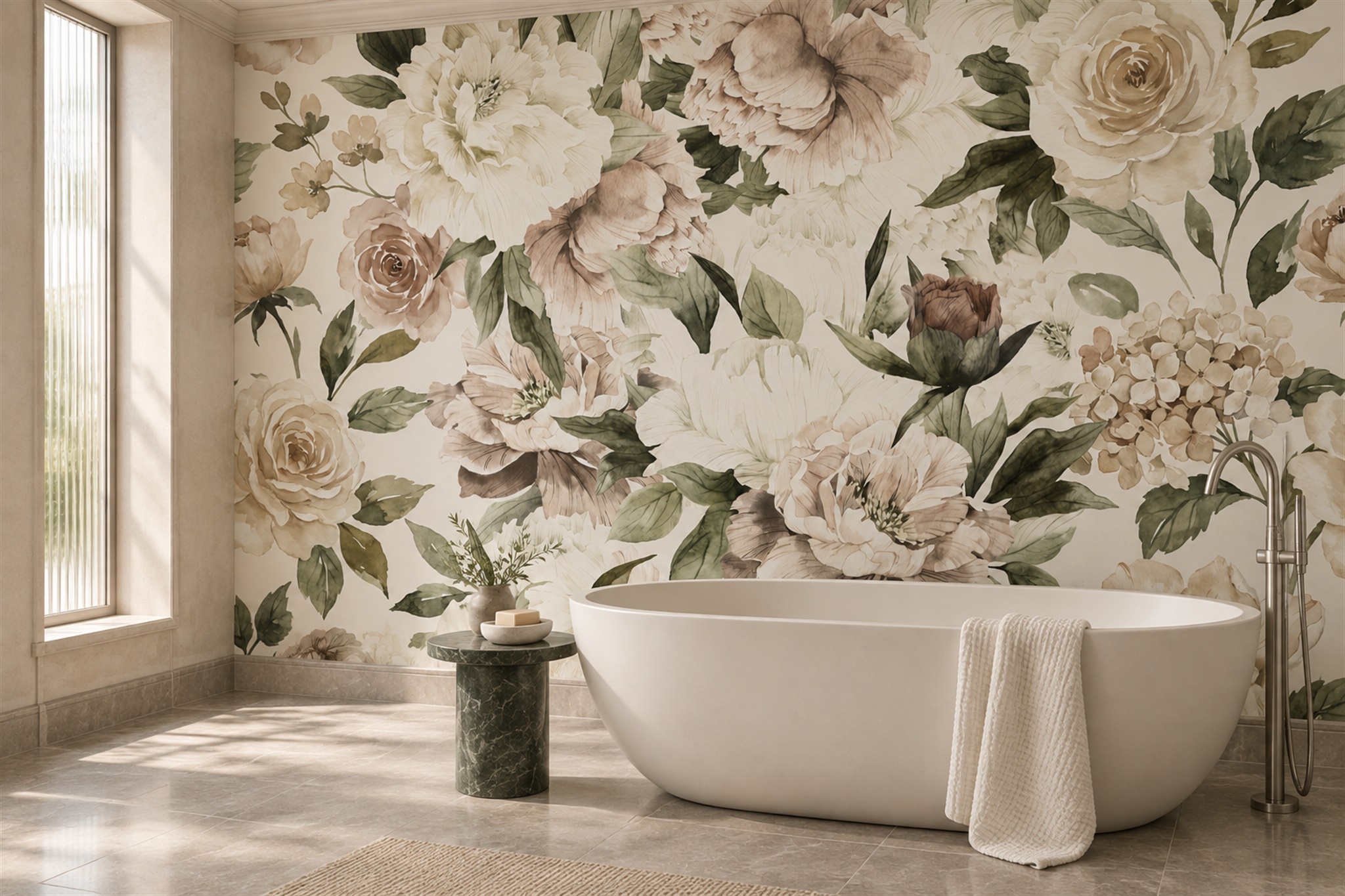 Ivory Rose Botanical Wallpaper Mural Bathroom-wallpaper-murals, Peel-and-stick Finish