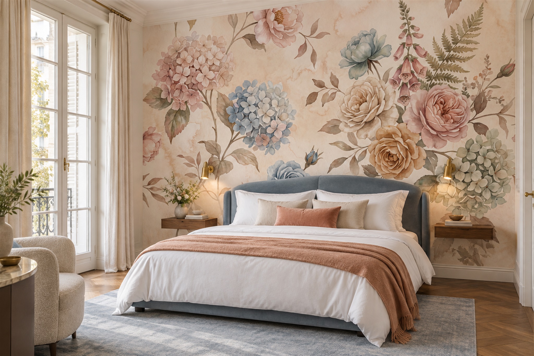Blue Pattern Decorative Wallpaper Mural Layered Illustrated Wallpaper Bedroom-wallpaper-murals, Peel-and-stick Finish