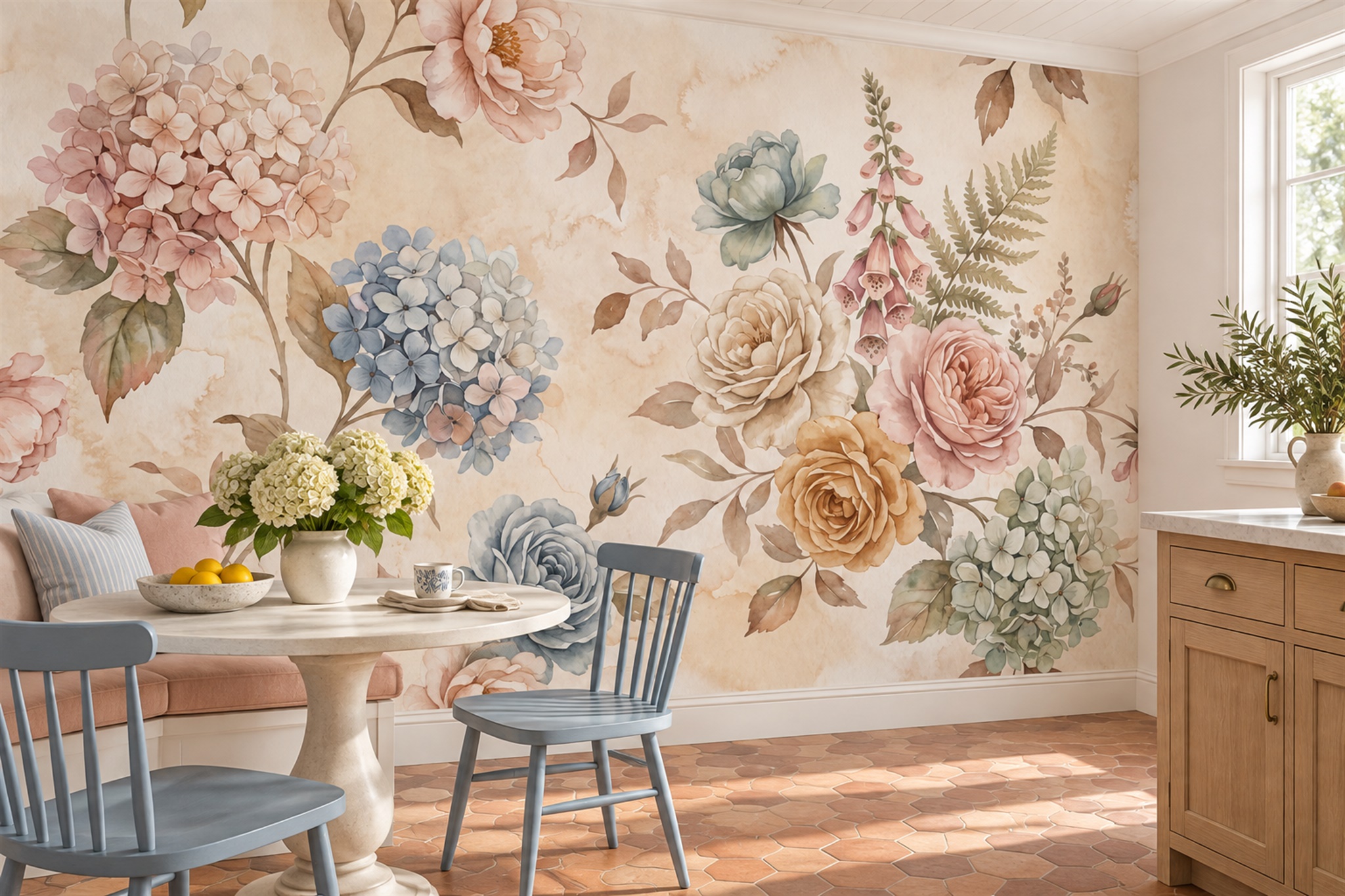 Watercolour Hydrangea, Rose And Foxglove Wallpaper Mural — Wallpaper Mural Design, Peel-and-stick Finish