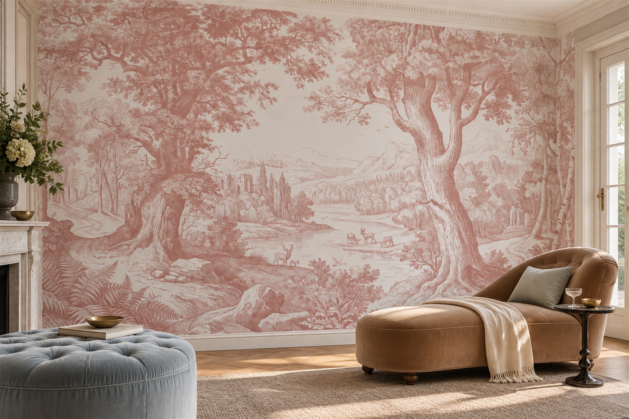 Blush Woodland River Toile Wallpaper Mural — Wallpaper Mural Design, Peel-and-stick Finish