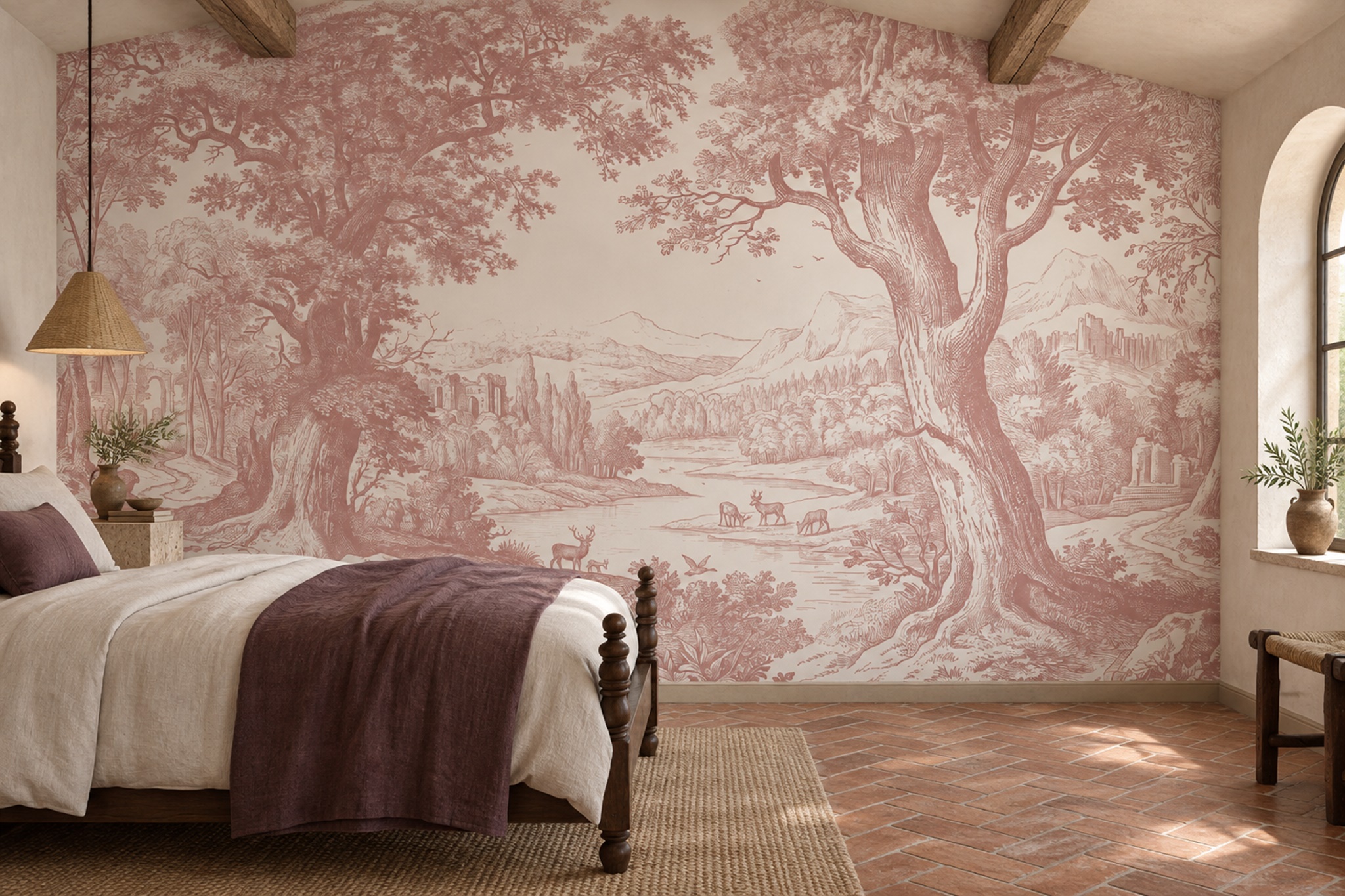 Pink Forest Scenic Wallpaper Mural Bedroom-wallpaper-murals, Peel-and-stick Finish