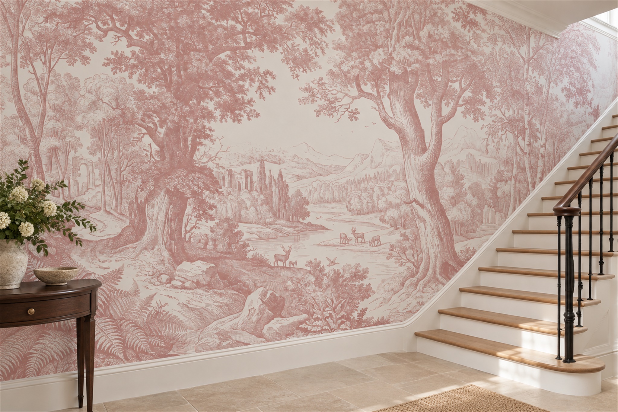 Pink Forest Scenic Wallpaper Mural Feature-wall-wallpaper-murals, Peel-and-stick Finish