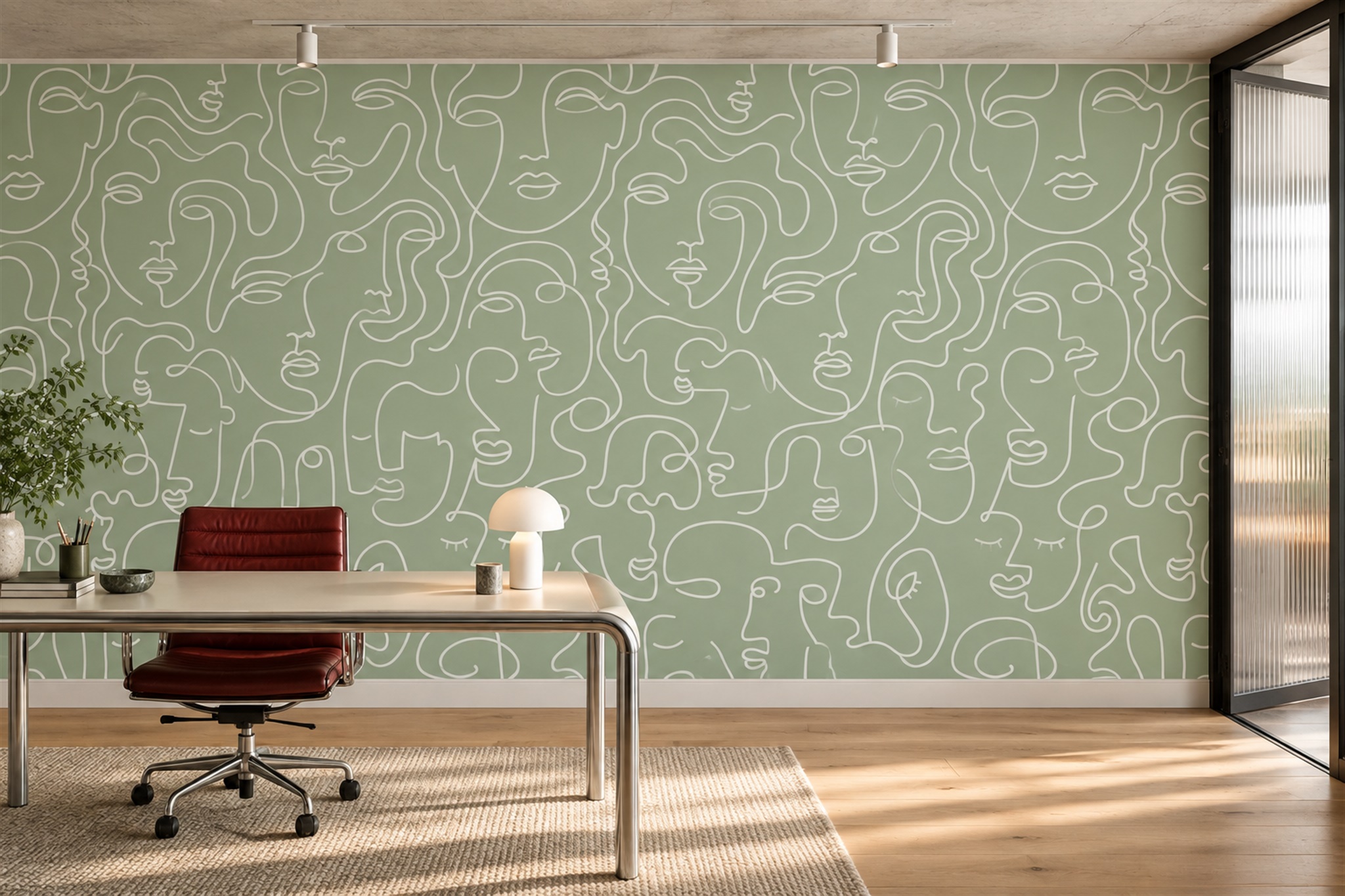 Sage Continuous-line Faces Wallpaper Mural — Wallpaper Mural Design, Peel-and-stick Finish
