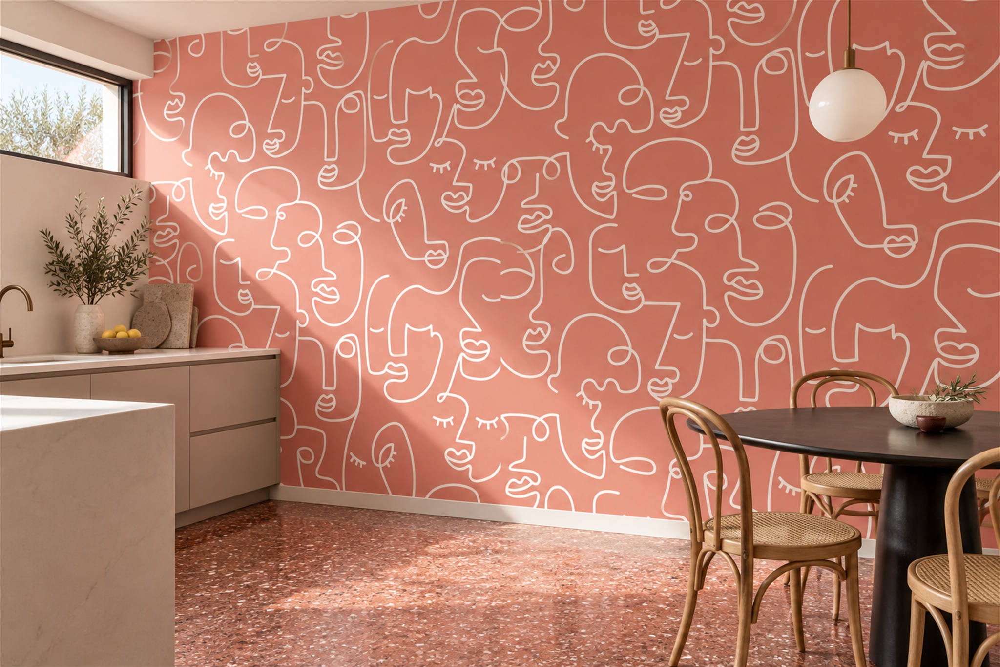 Coral Pattern Decorative Wallpaper Mural Dining-room-wallpaper-murals, Shown In A Dining Room, Peel-and-stick Finish