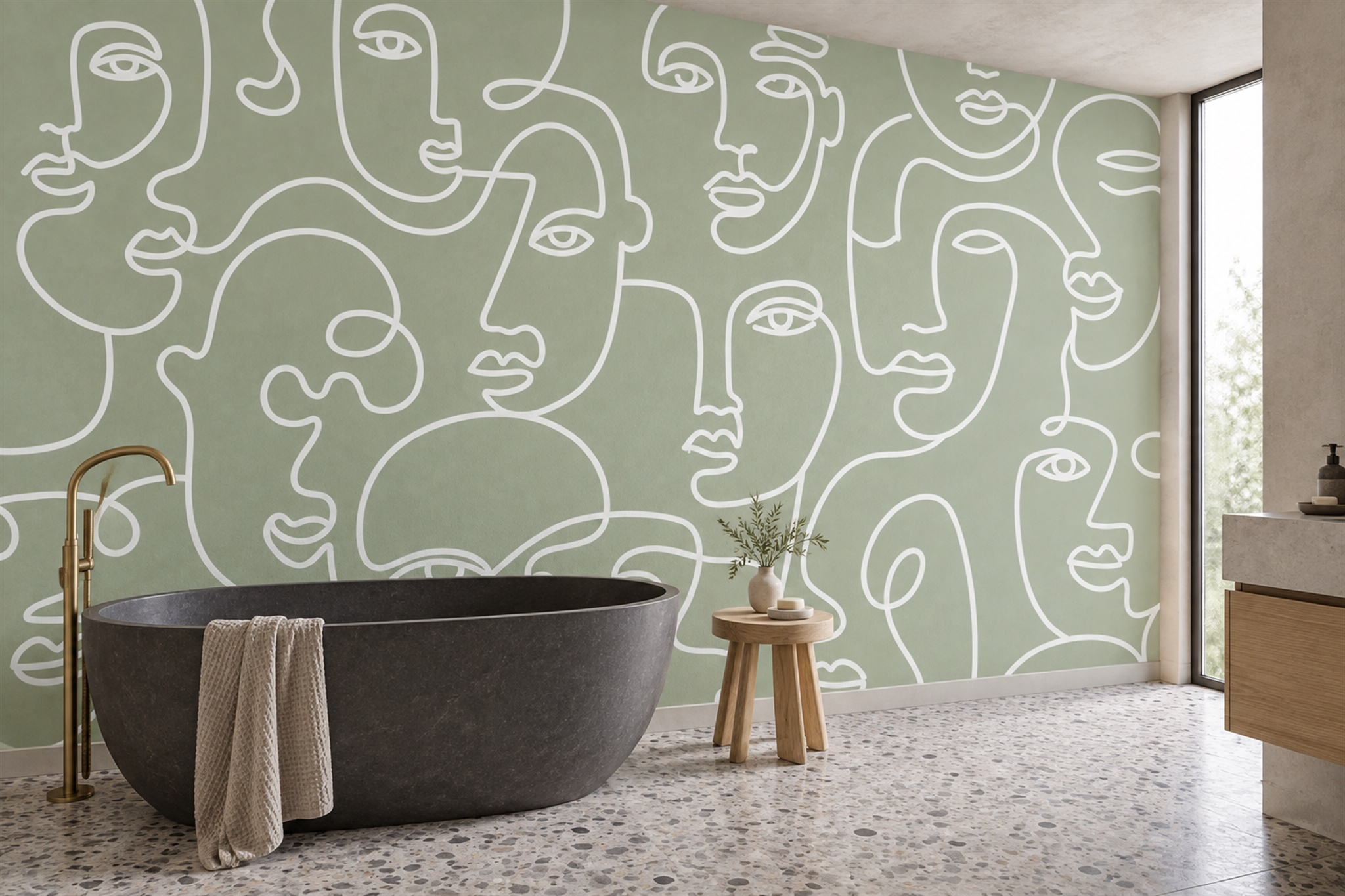 Sage Abstract Continuous-line Faces Wallpaper Mural — Wallpaper Mural Design, Peel-and-stick Finish