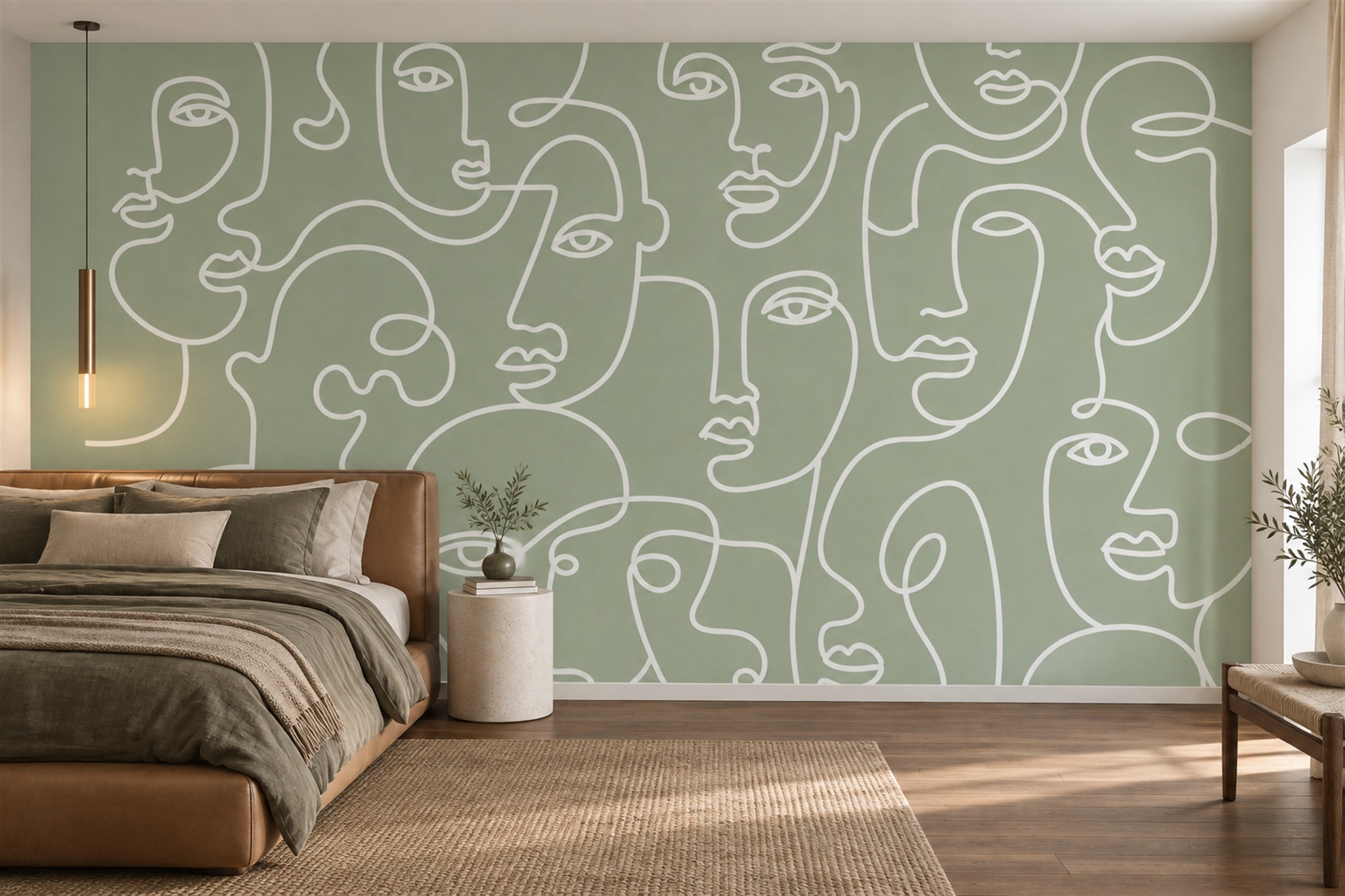 Sage Linear Abstract Wallpaper Mural Bedroom-wallpaper-murals, Peel-and-stick Finish