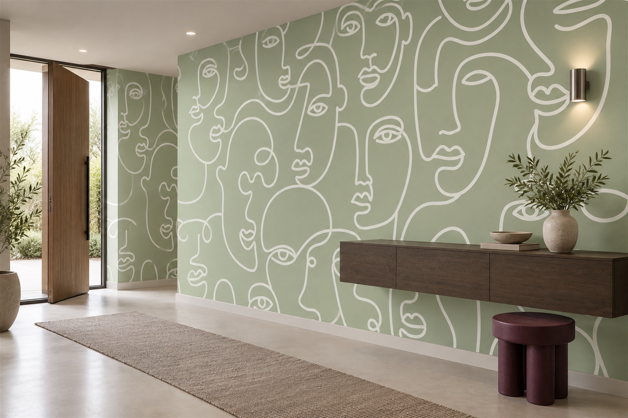 Sage Linear Abstract Wallpaper Mural Entryway-wallpaper-murals, Peel-and-stick Finish