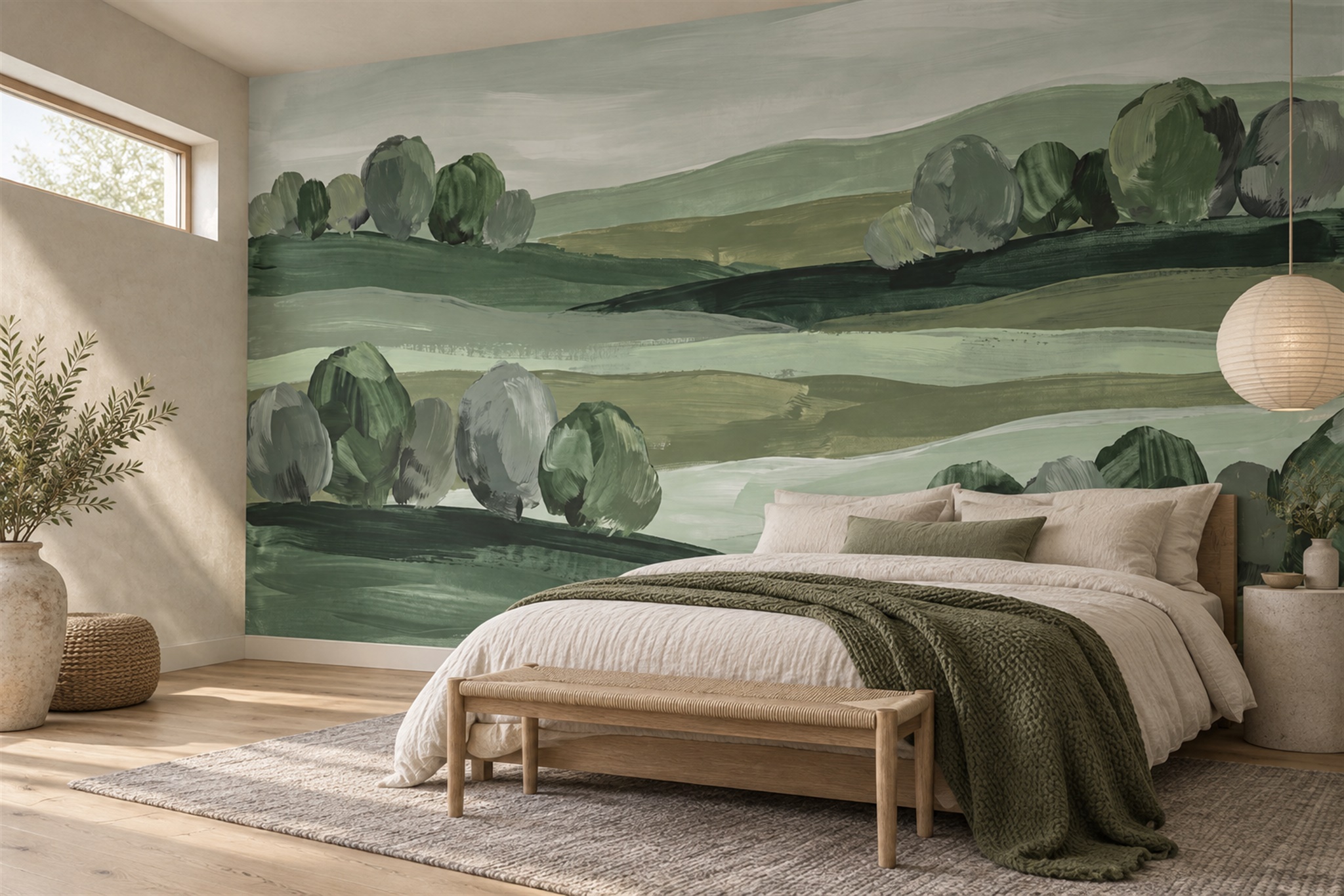 Sage Green Brushstroke Hills Wallpaper Mural — Installed Wallpaper Mural In A Bedroom, Peel-and-stick Finish