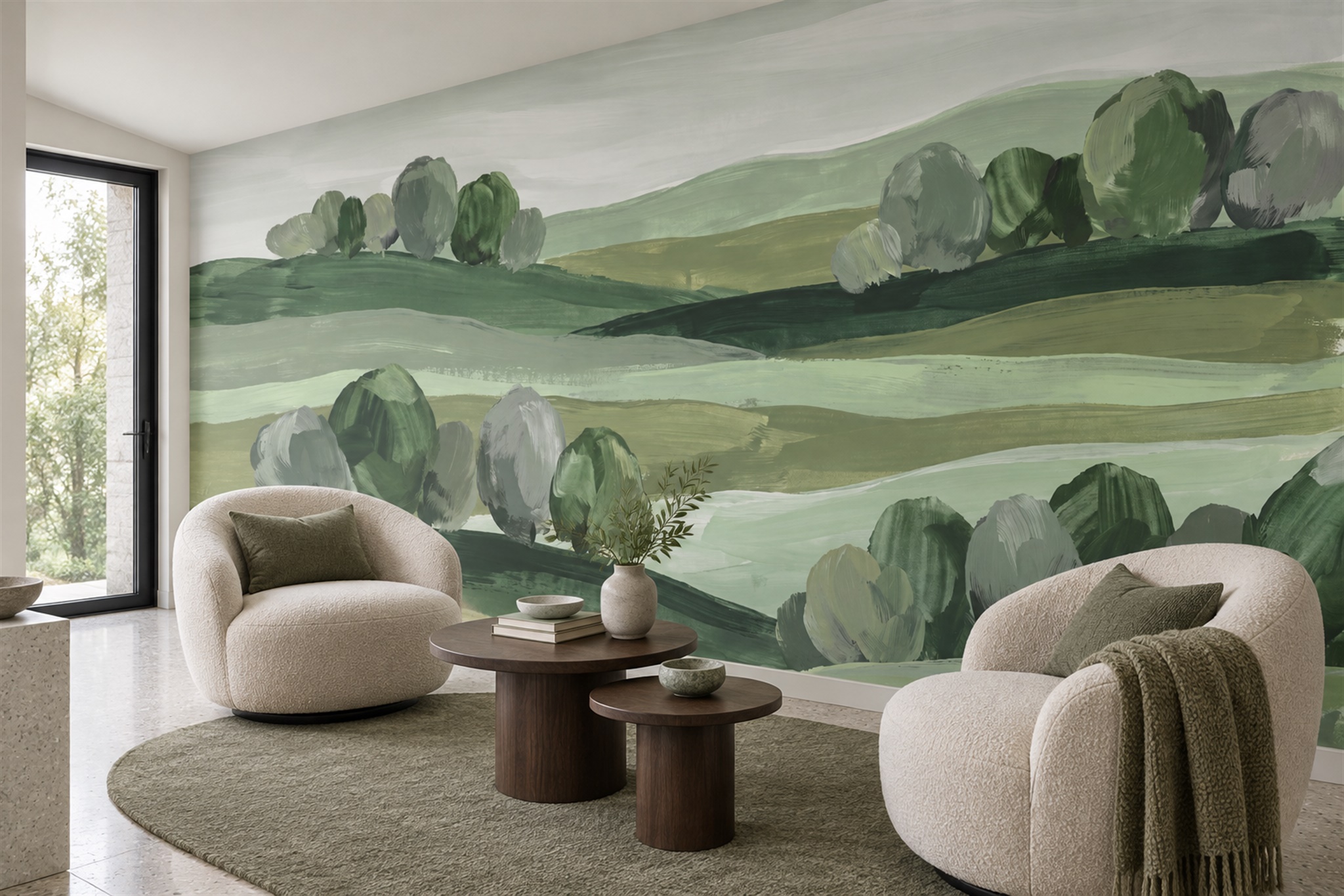 Sage Hills Scenic Decorative Wallpaper Mural Living-room-wallpaper-murals, Shown In A Living Room, Peel-and-stick Finish
