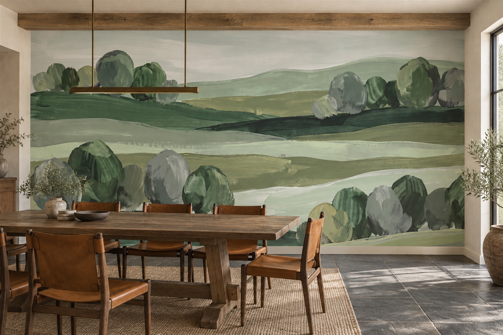 Sage Hills Scenic Decorative Wallpaper Mural Dining-room-wallpaper-murals, Shown In A Dining Room, Peel-and-stick Finish
