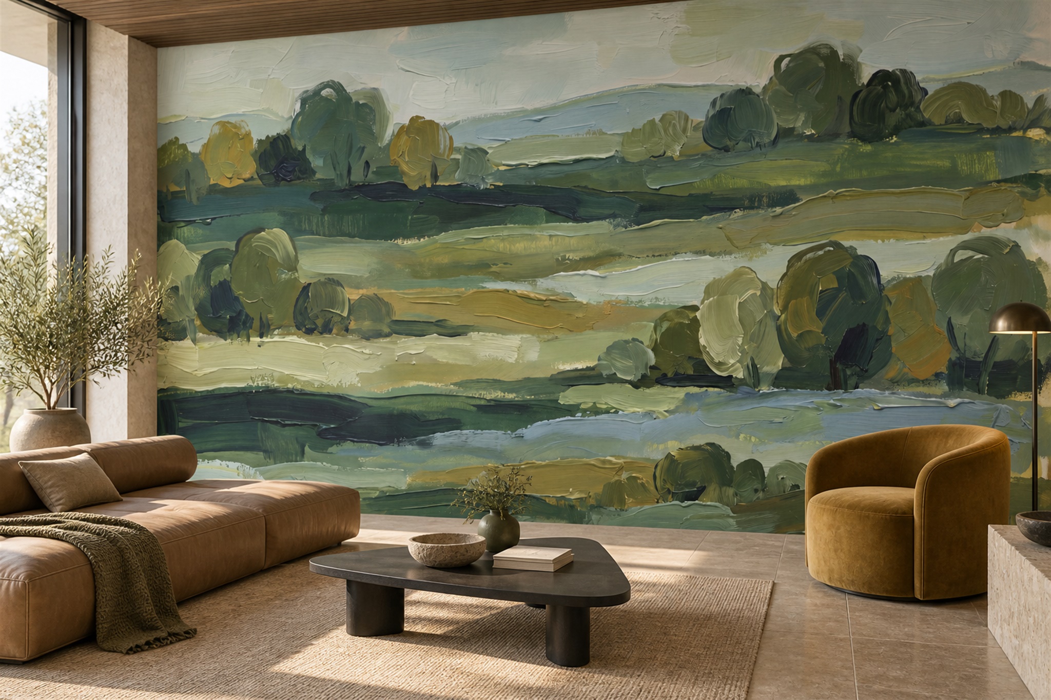 Olive Pattern Decorative Painterly Wallpaper Mural Accent-wall-wallpaper-murals, Peel-and-stick Finish