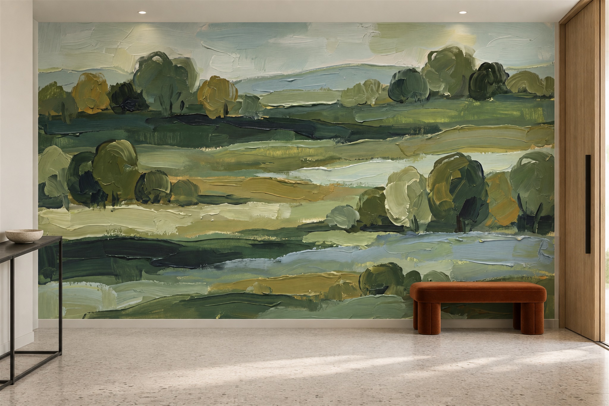 Olive Pattern Decorative Painterly Wallpaper Mural Accent-wall-wallpaper-murals, Peel-and-stick Finish