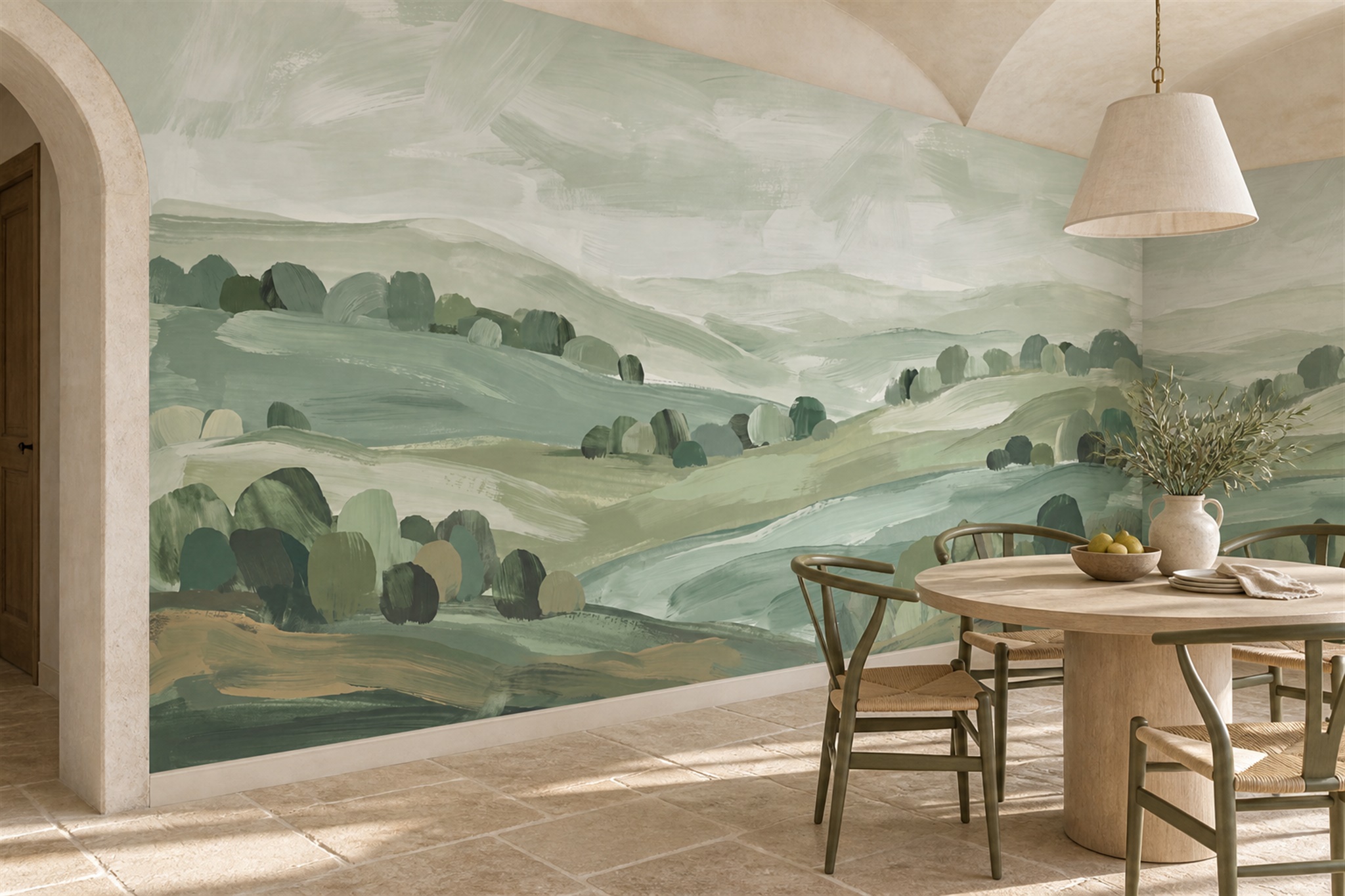 Sage Valley Scenic Wallpaper Mural Dining-room-wallpaper-murals, Shown In A Dining Room, Peel-and-stick Finish