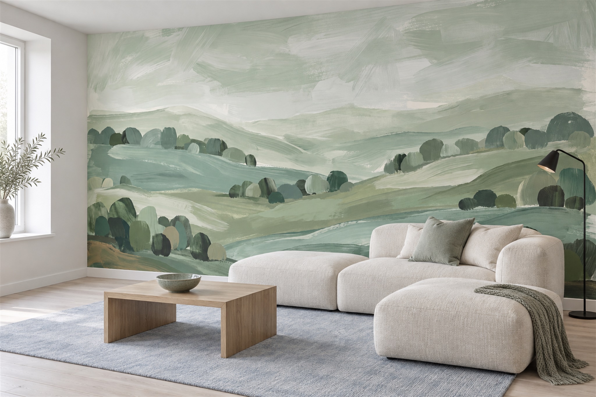 Pale Sage Rolling Hills And Tree Clusters Wallpaper Mural — Wallpaper Mural Design, Peel-and-stick Finish