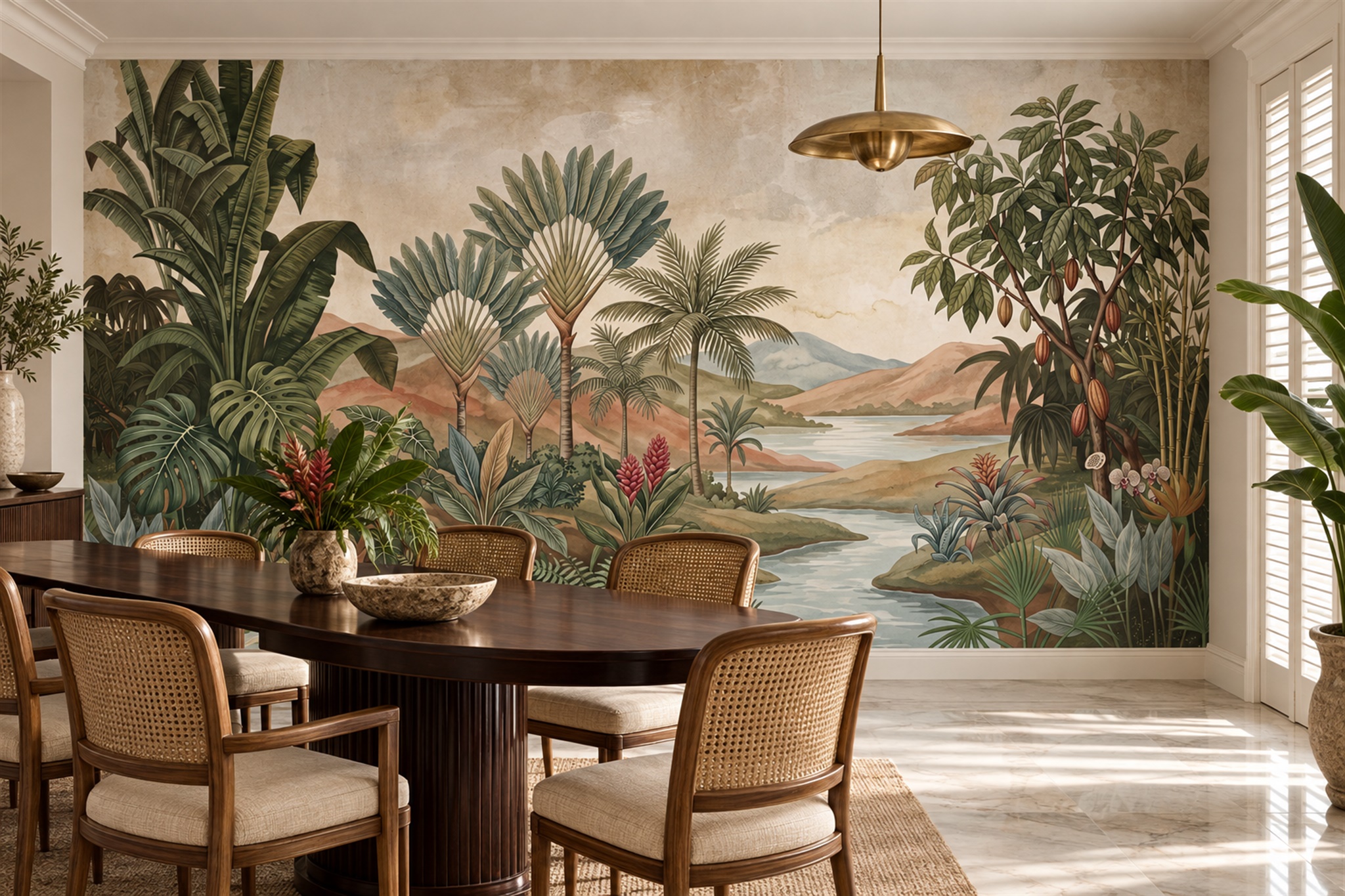 Olive Palm Grove And River Landscape Wallpaper Mural — Wallpaper Mural Design, Peel-and-stick Finish