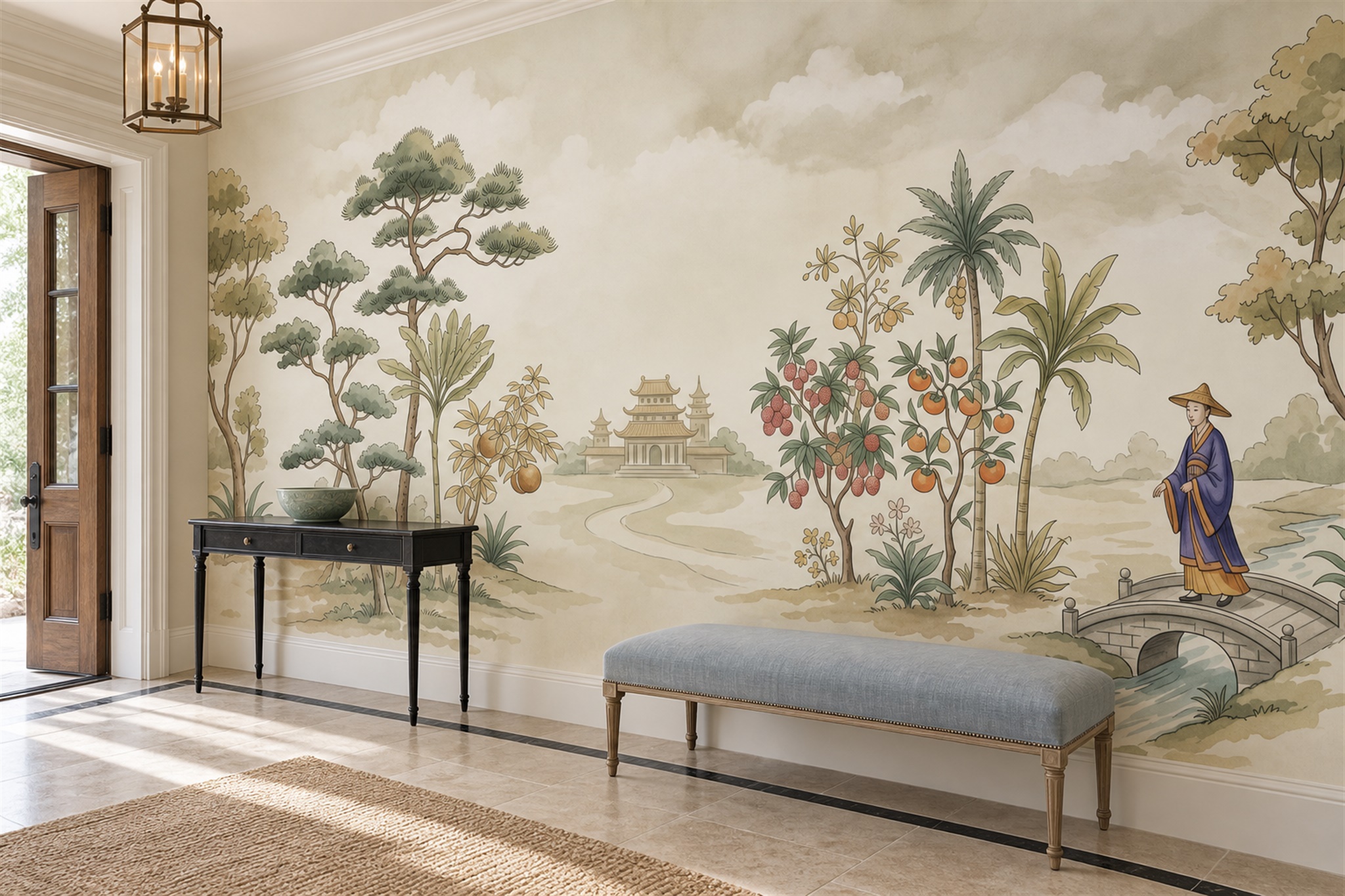 Sage Pattern Decorative Illustrated Wallpaper Mural Entryway-wallpaper-murals, Peel-and-stick Finish