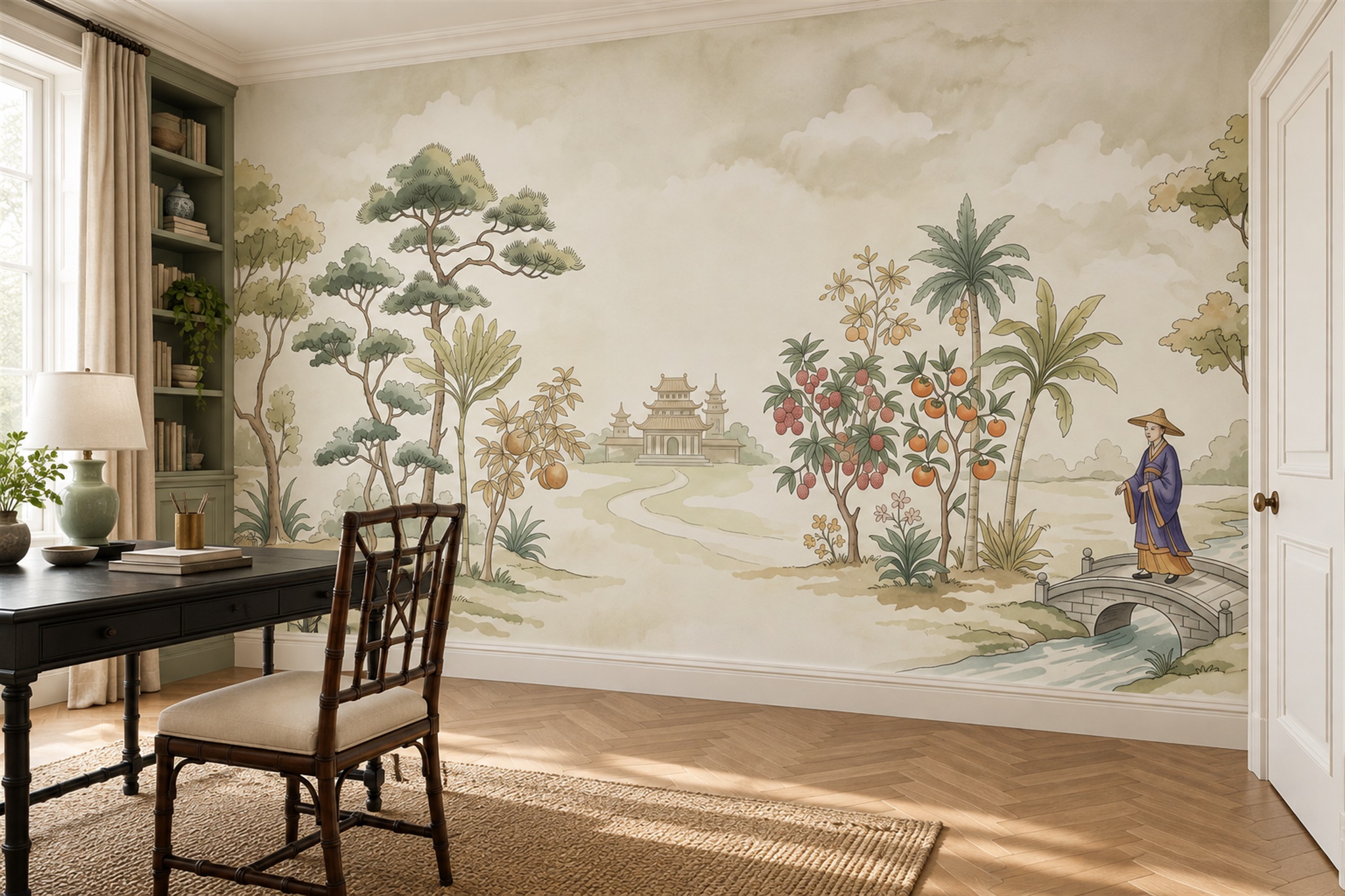 Sage Pattern Decorative Illustrated Wallpaper Mural Accent-wall-wallpaper-murals, Peel-and-stick Finish