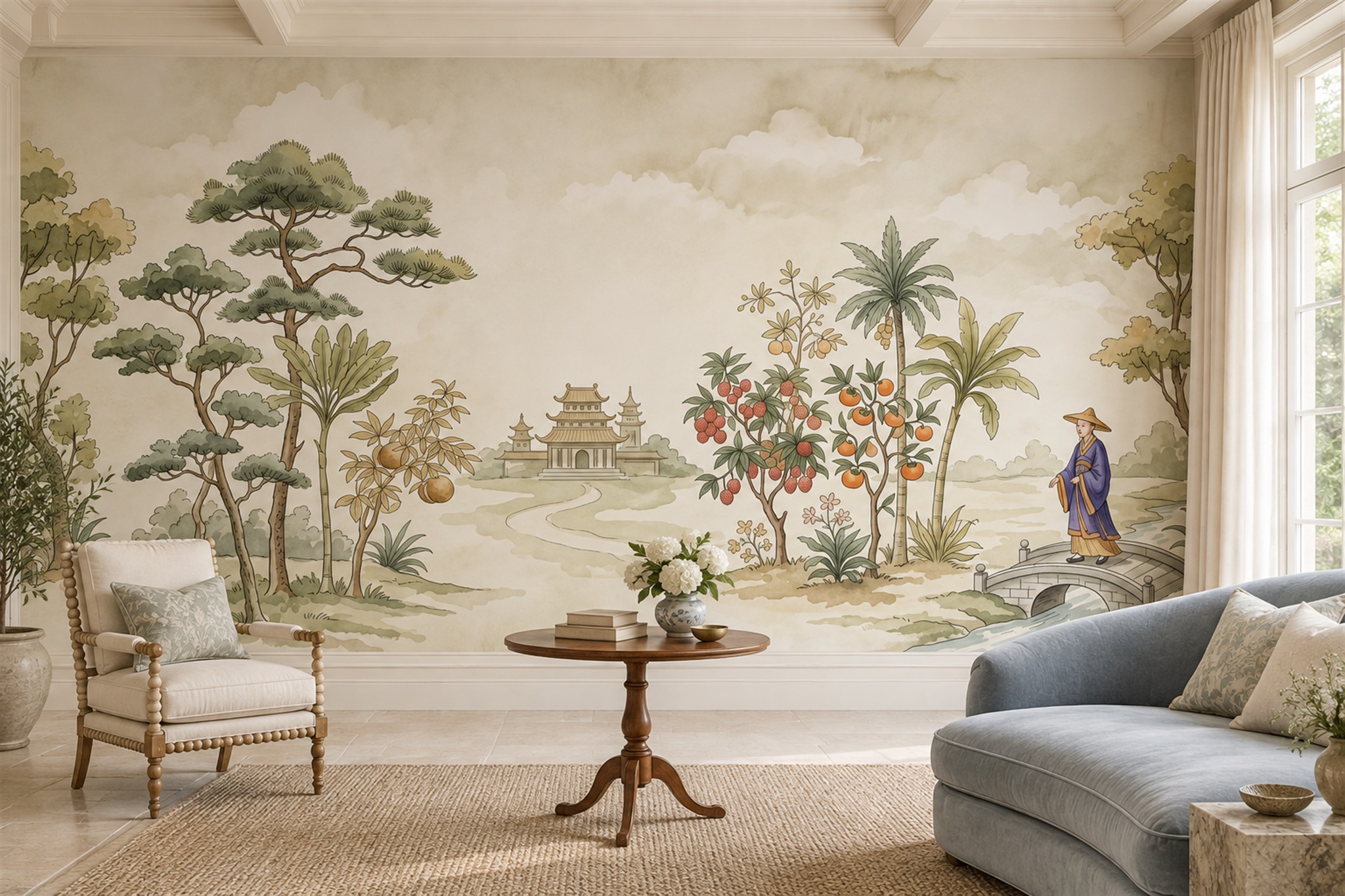 Sage Pattern Decorative Illustrated Wallpaper Mural Accent-wall-wallpaper-murals, Peel-and-stick Finish