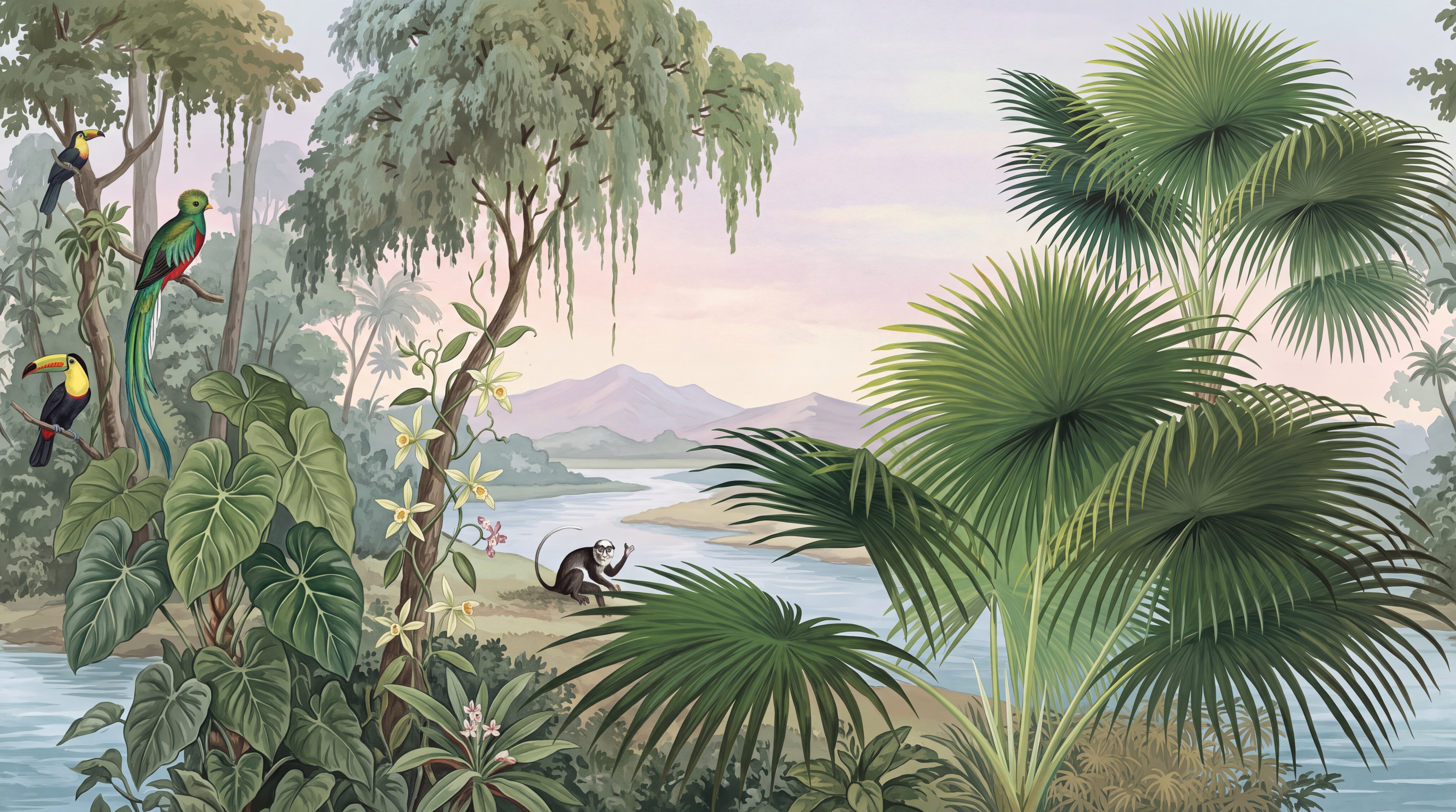 Green Tropical Artful Decorative Wallpaper Mural, Peel-and-stick Finish