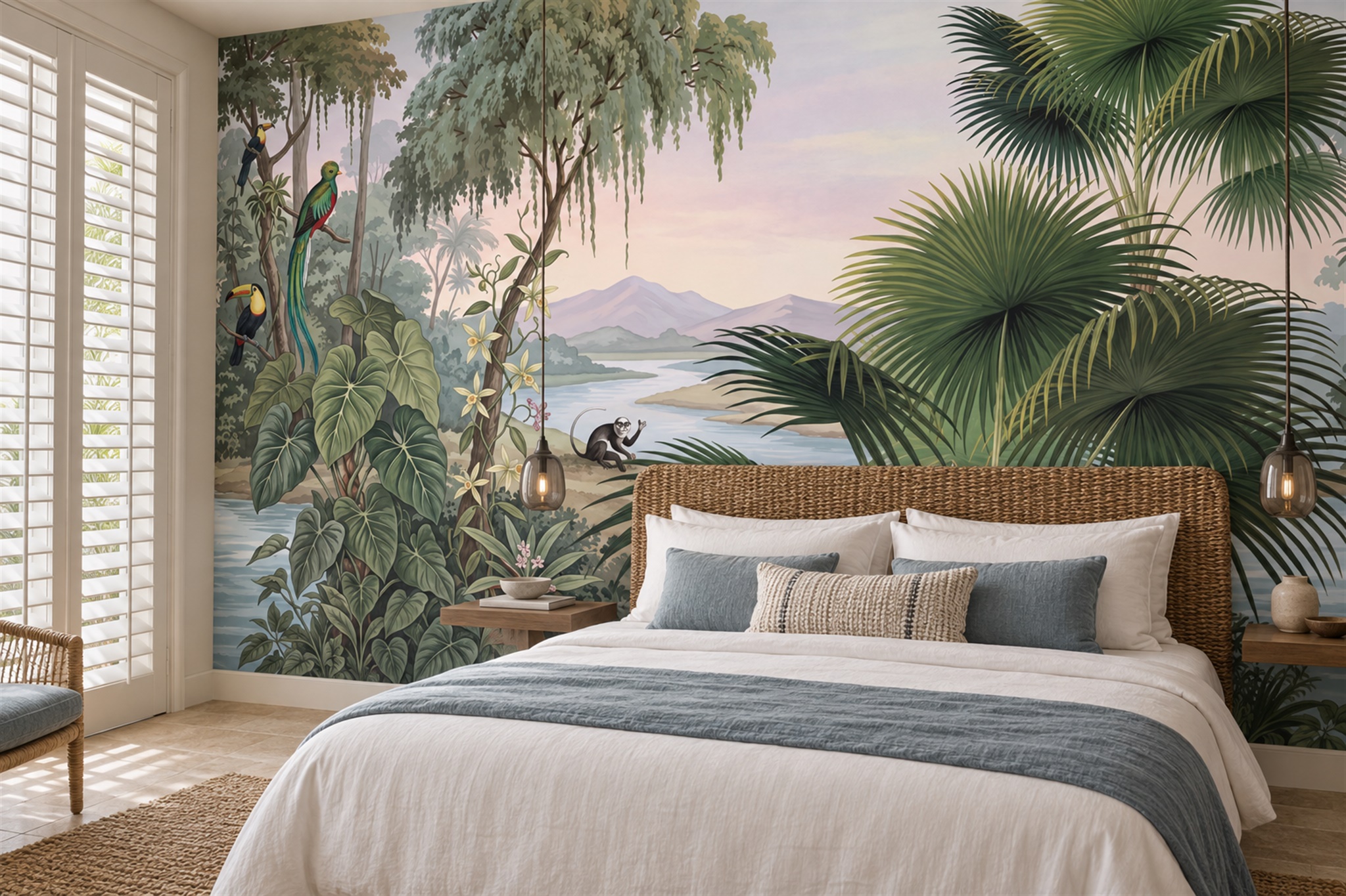 Green Tropical Artful Decorative Wallpaper Mural Bedroom-wallpaper-murals, Peel-and-stick Finish
