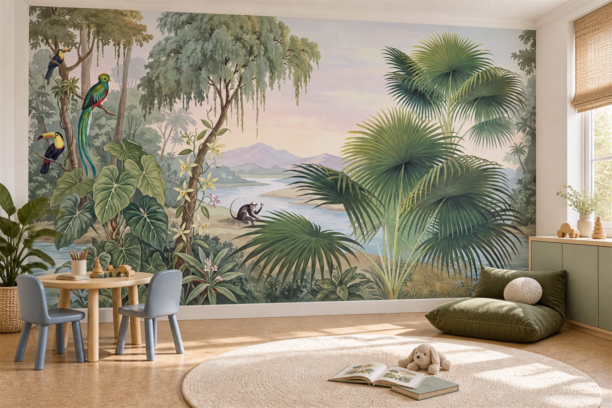 Green Tropical Artful Decorative Wallpaper Mural Accent-wall-wallpaper-murals, Peel-and-stick Finish